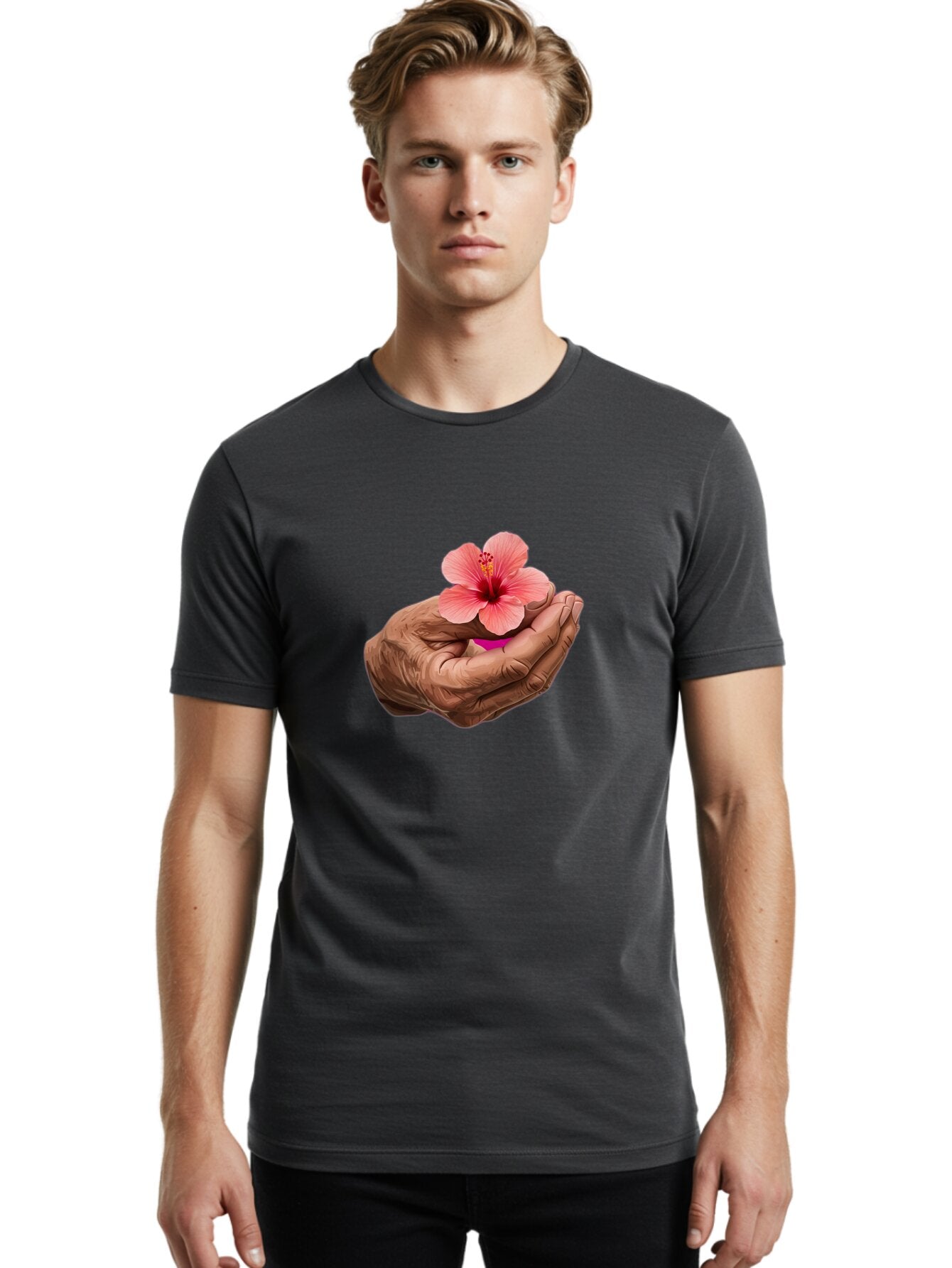 Hands-Holding-Pink-Hibiscus Men'S Graphic Tee, 100% Cotton, Comfortable Casual Summer Wear, Machine Washable, Vintage Camera, Old Camera, Antique Camera, Black Camera, Classic Photography, Photography Equipment, Nostalgic Device, Film Camera, Bao517 18