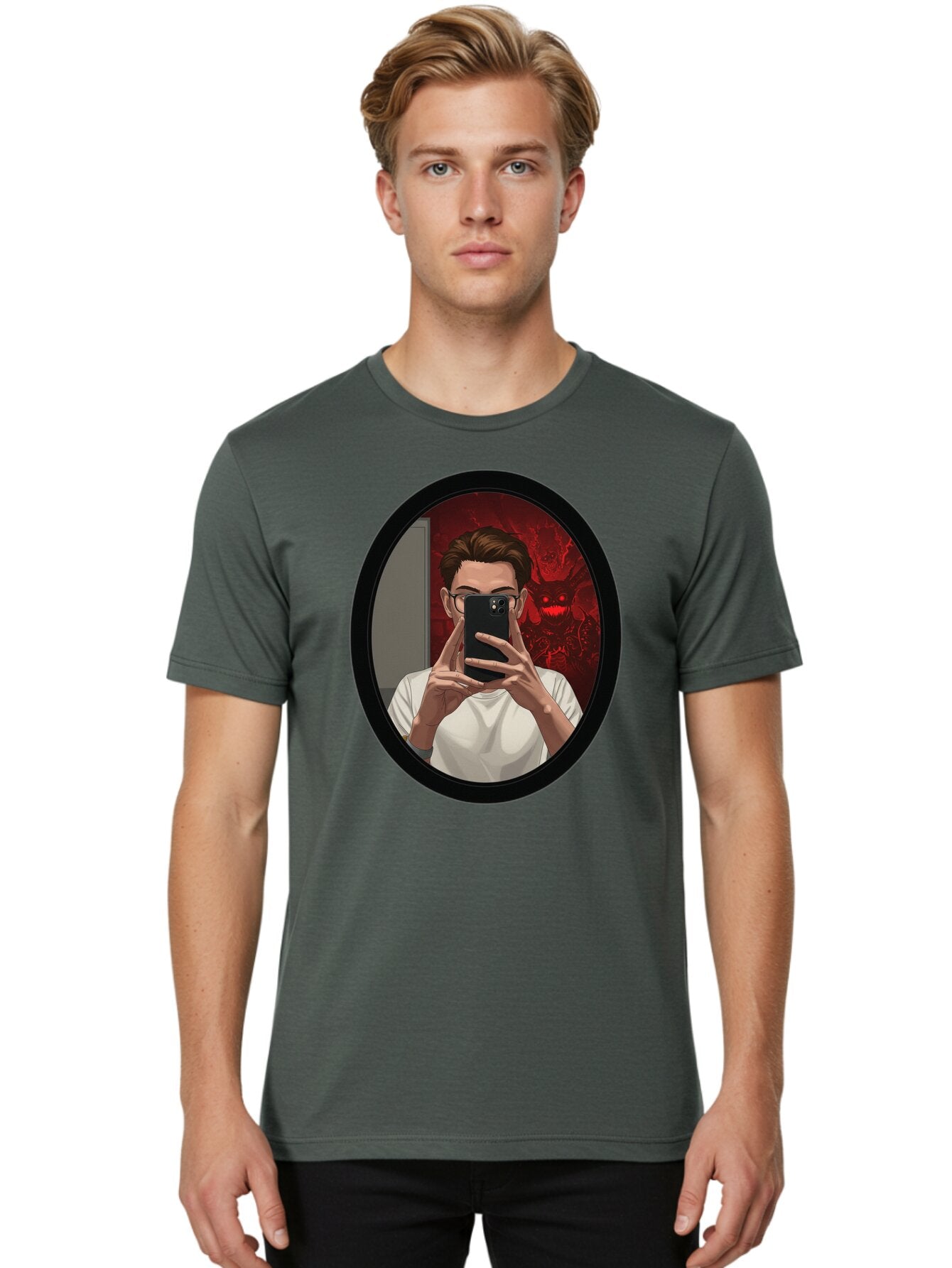 Man-Taking-Selfie-In-Mirror Men'S Graphic Tee, 100% Cotton, Comfortable Casual Summer Wear, Machine Washable, Vintage Camera, Old Camera, Antique Camera, Black Camera, Classic Photography, Photography Equipment, Nostalgic Device, Film Camera, Bao628 18