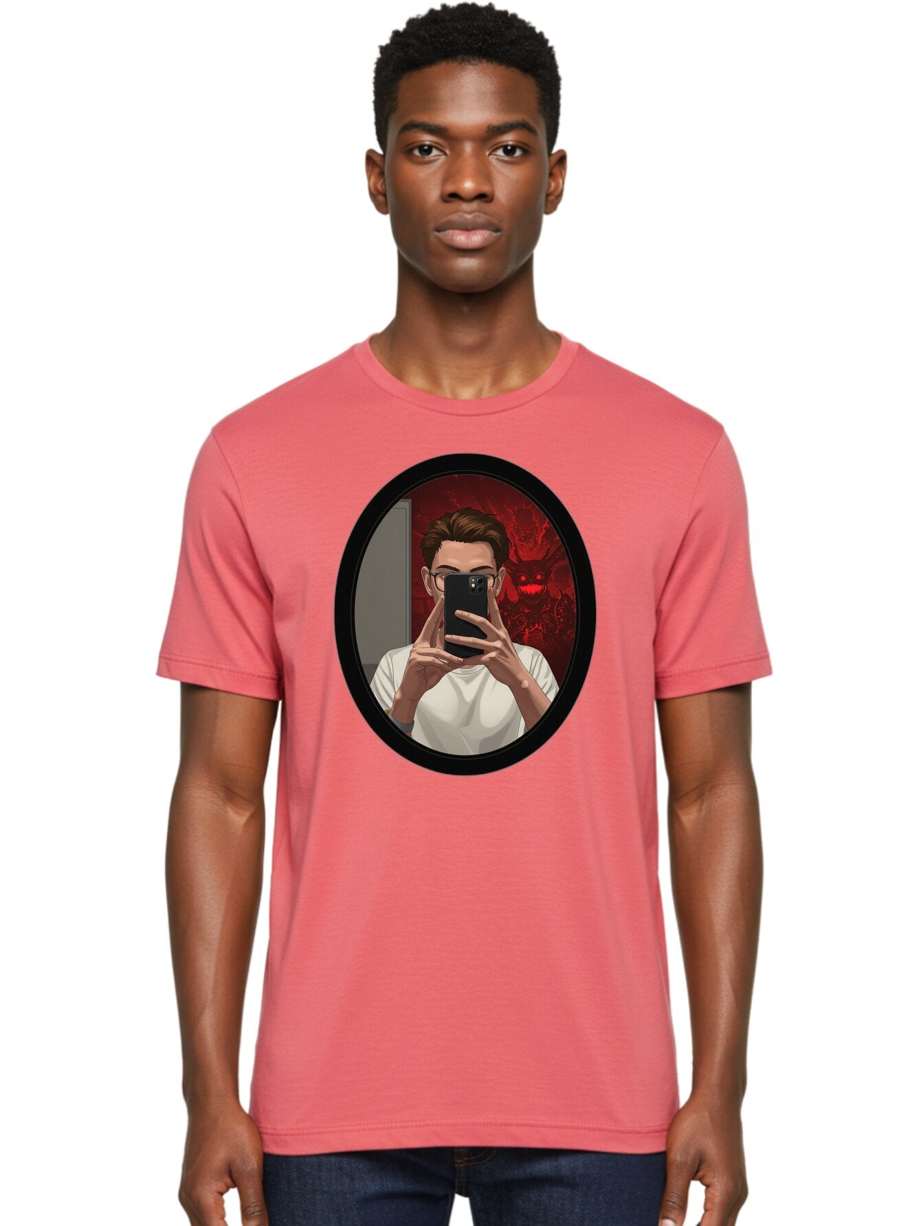 Man-Taking-Selfie-In-Mirror Men'S Graphic Tee, 100% Cotton, Comfortable Casual Summer Wear, Machine Washable, Vintage Camera, Old Camera, Antique Camera, Black Camera, Classic Photography, Photography Equipment, Nostalgic Device, Film Camera, Bao628 24