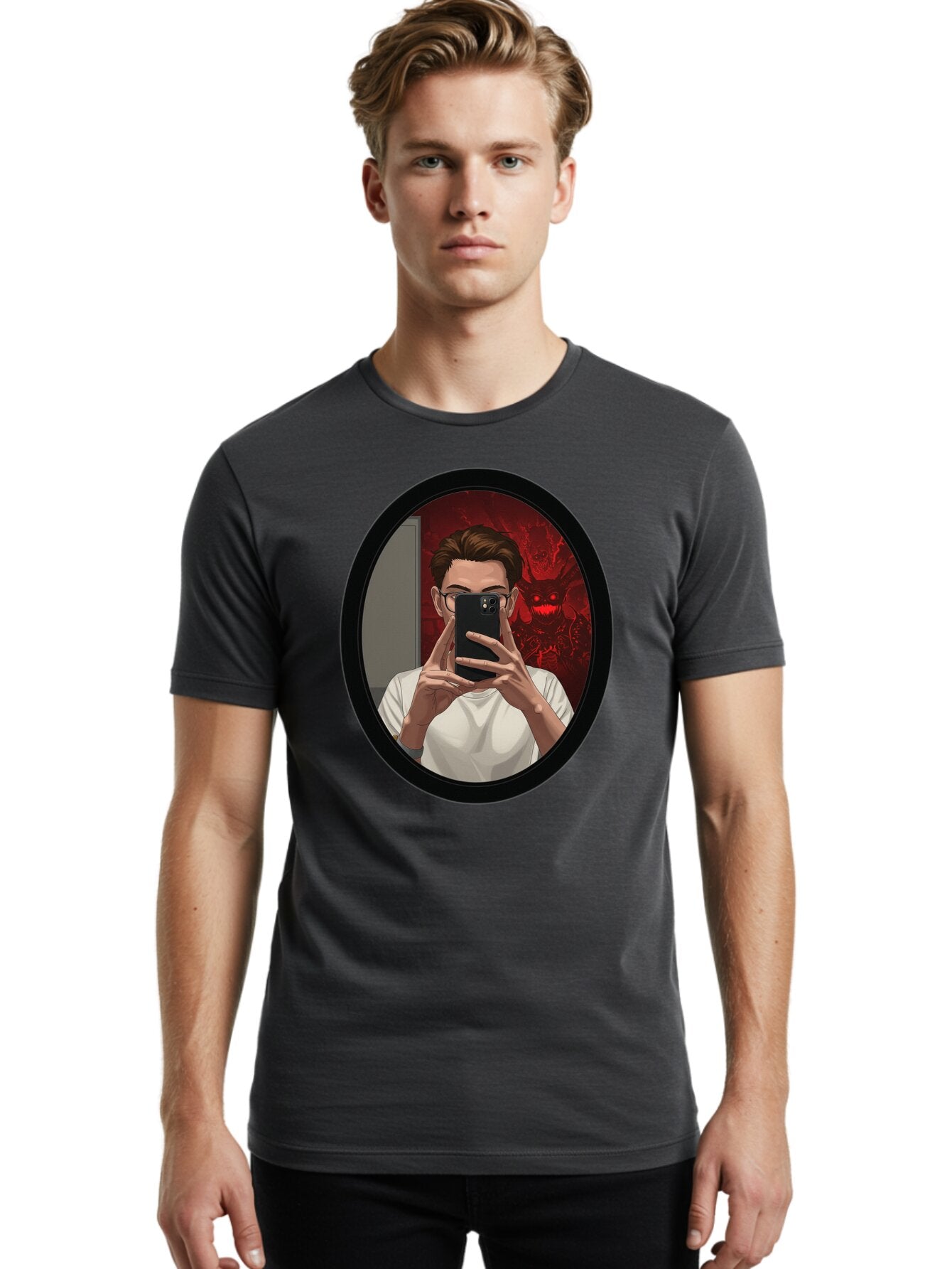 Man-Taking-Selfie-In-Mirror Men'S Graphic Tee, 100% Cotton, Comfortable Casual Summer Wear, Machine Washable, Vintage Camera, Old Camera, Antique Camera, Black Camera, Classic Photography, Photography Equipment, Nostalgic Device, Film Camera, Bao628 25
