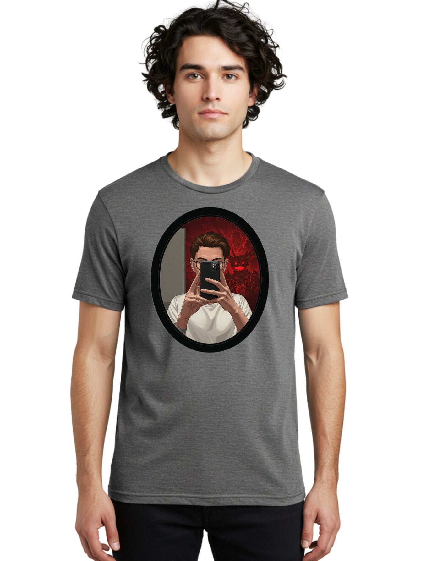 Man-Taking-Selfie-In-Mirror Men'S Graphic Tee, 100% Cotton, Comfortable Casual Summer Wear, Machine Washable, Vintage Camera, Old Camera, Antique Camera, Black Camera, Classic Photography, Photography Equipment, Nostalgic Device, Film Camera, Bao628 26