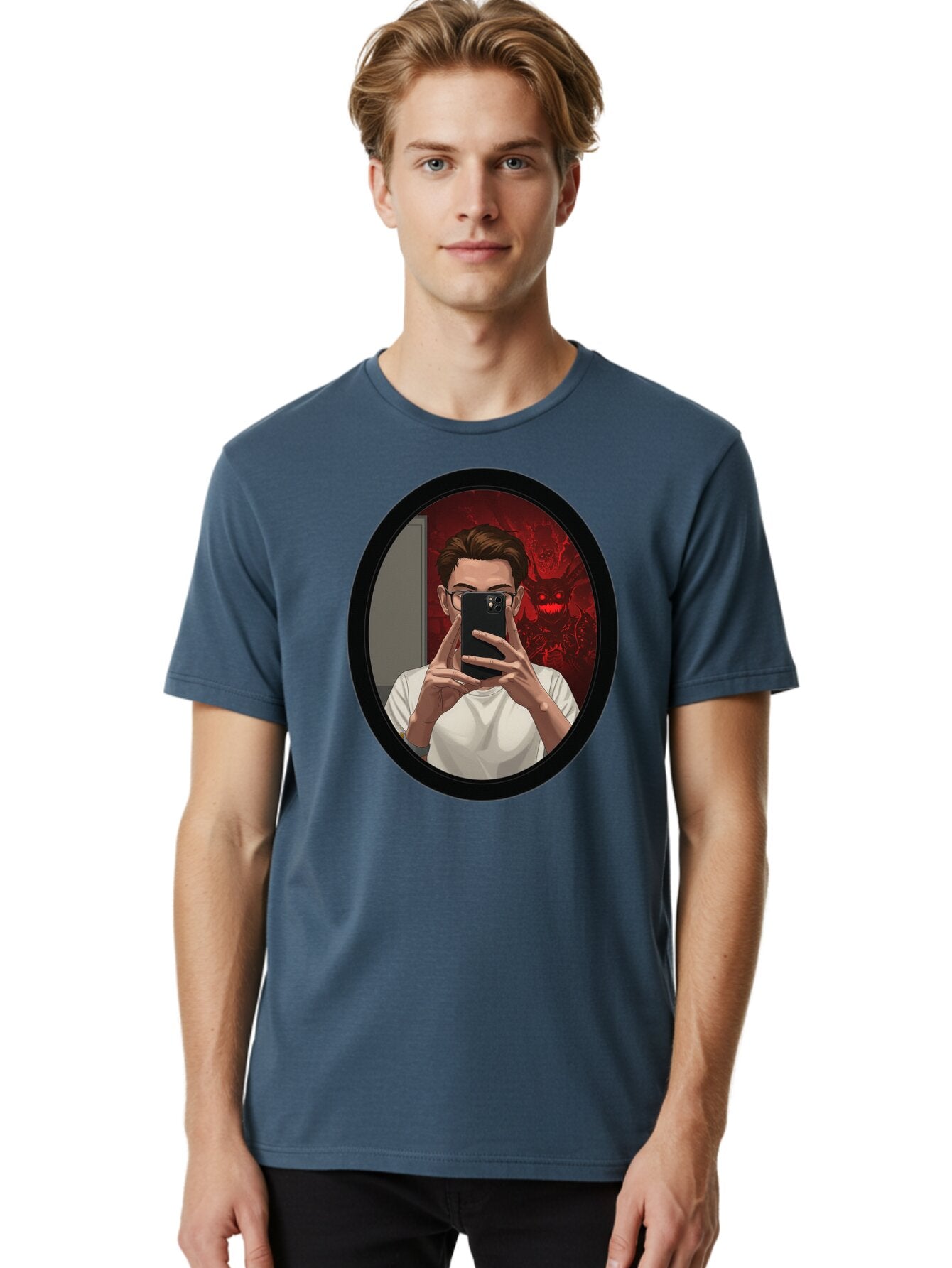 Man-Taking-Selfie-In-Mirror Men'S Graphic Tee, 100% Cotton, Comfortable Casual Summer Wear, Machine Washable, Vintage Camera, Old Camera, Antique Camera, Black Camera, Classic Photography, Photography Equipment, Nostalgic Device, Film Camera, Bao628 27