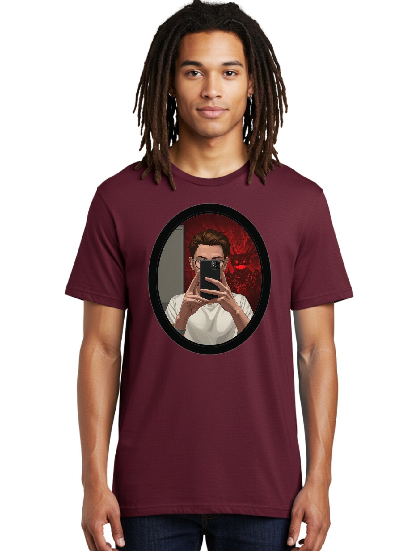 Man-Taking-Selfie-In-Mirror Men'S Graphic Tee, 100% Cotton, Comfortable Casual Summer Wear, Machine Washable, Vintage Camera, Old Camera, Antique Camera, Black Camera, Classic Photography, Photography Equipment, Nostalgic Device, Film Camera, Bao628 30