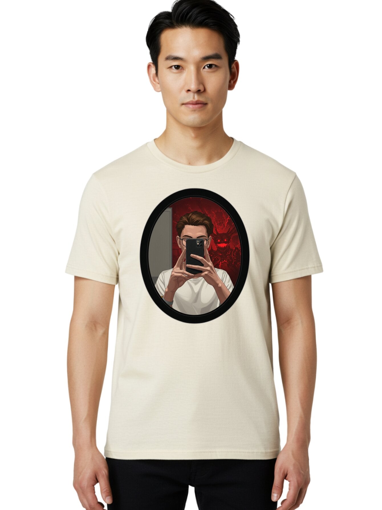 Man-Taking-Selfie-In-Mirror Men'S Graphic Tee, 100% Cotton, Comfortable Casual Summer Wear, Machine Washable, Vintage Camera, Old Camera, Antique Camera, Black Camera, Classic Photography, Photography Equipment, Nostalgic Device, Film Camera, Bao628 28