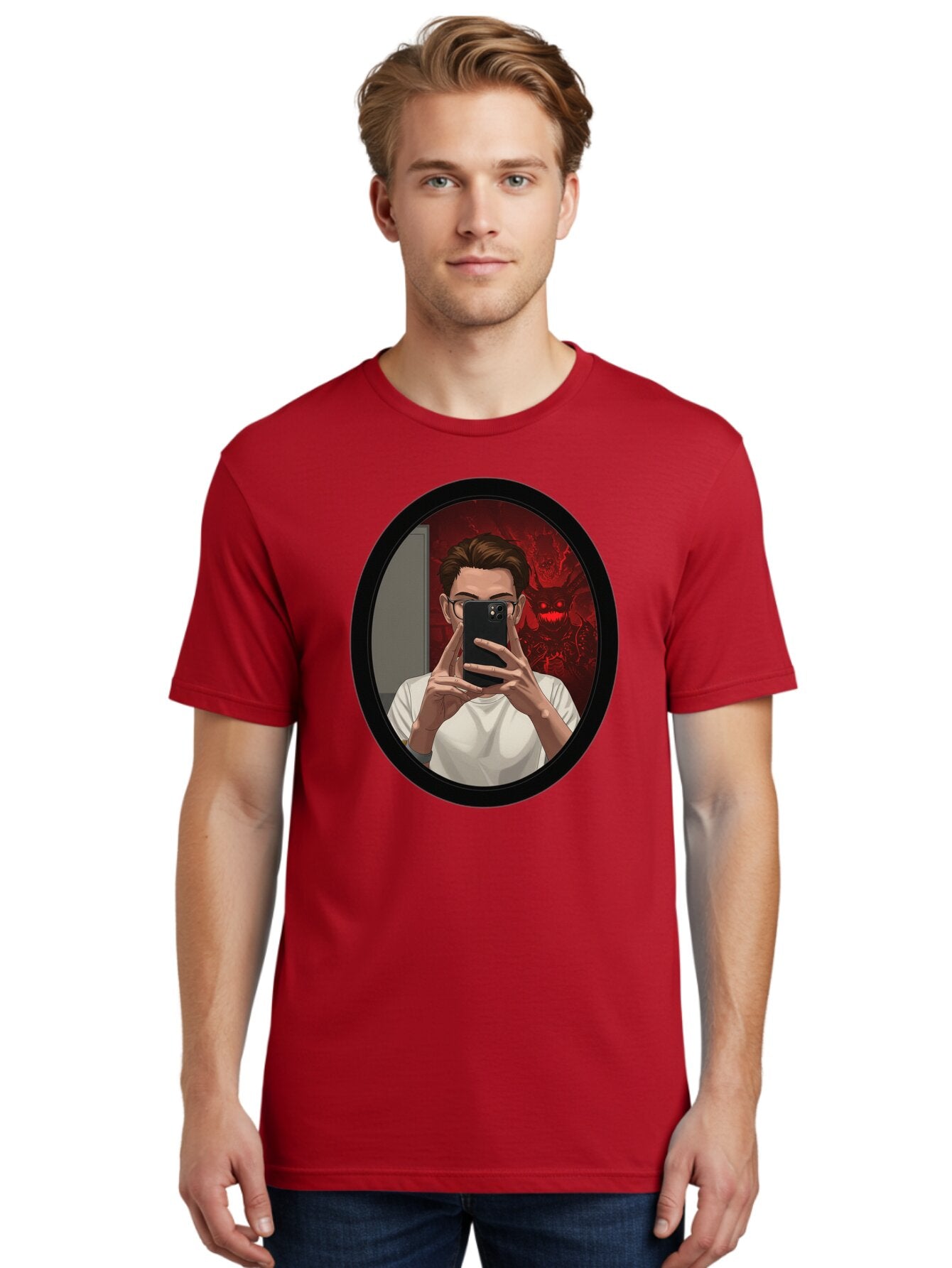 Man-Taking-Selfie-In-Mirror Men'S Graphic Tee, 100% Cotton, Comfortable Casual Summer Wear, Machine Washable, Vintage Camera, Old Camera, Antique Camera, Black Camera, Classic Photography, Photography Equipment, Nostalgic Device, Film Camera, Bao628 29