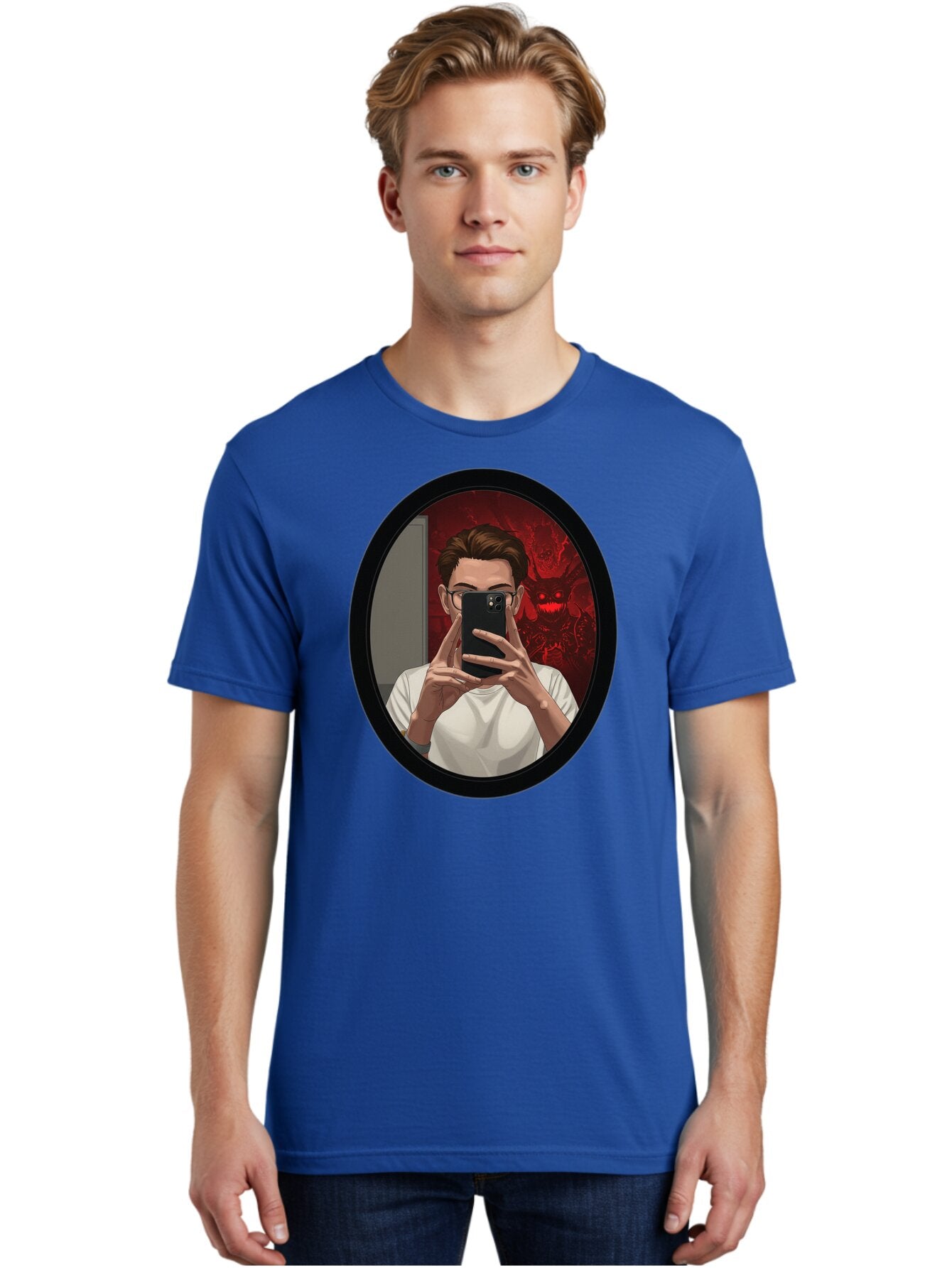 Man-Taking-Selfie-In-Mirror Men'S Graphic Tee, 100% Cotton, Comfortable Casual Summer Wear, Machine Washable, Vintage Camera, Old Camera, Antique Camera, Black Camera, Classic Photography, Photography Equipment, Nostalgic Device, Film Camera, Bao628 21