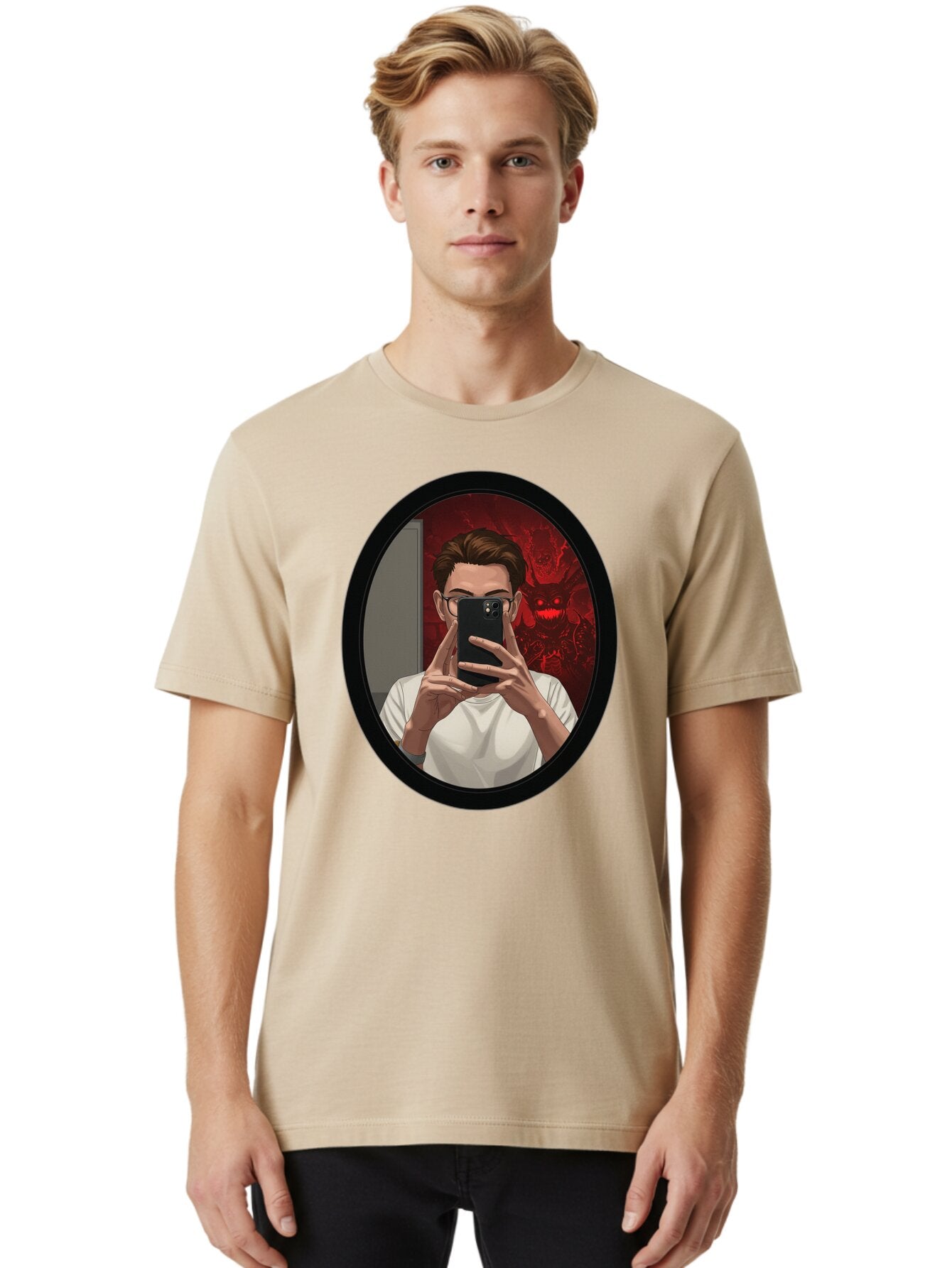 Man-Taking-Selfie-In-Mirror Men'S Graphic Tee, 100% Cotton, Comfortable Casual Summer Wear, Machine Washable, Vintage Camera, Old Camera, Antique Camera, Black Camera, Classic Photography, Photography Equipment, Nostalgic Device, Film Camera, Bao628 19