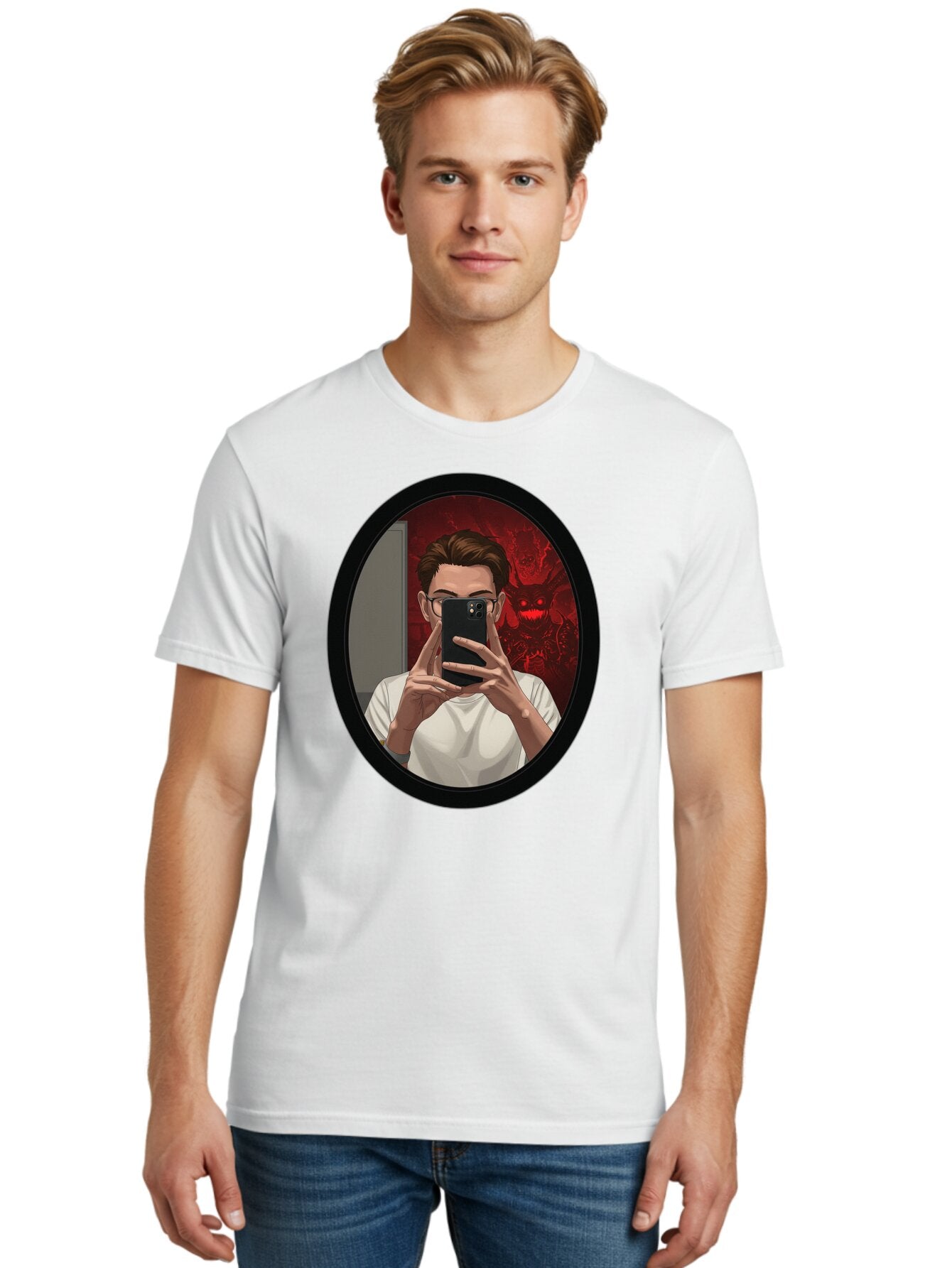 Man-Taking-Selfie-In-Mirror Men'S Graphic Tee, 100% Cotton, Comfortable Casual Summer Wear, Machine Washable, Vintage Camera, Old Camera, Antique Camera, Black Camera, Classic Photography, Photography Equipment, Nostalgic Device, Film Camera, Bao628 16