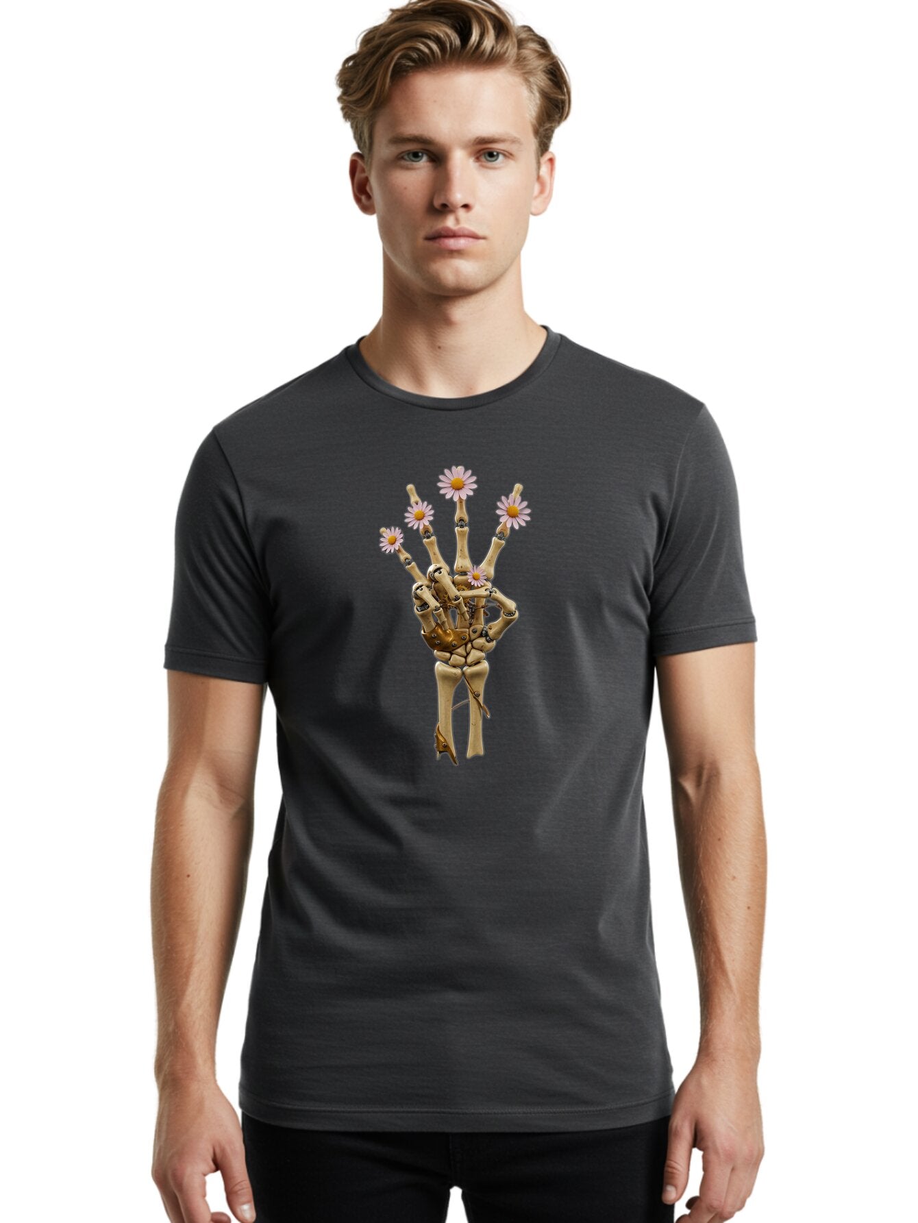 Mechanical-Hand-With-Flowers Men'S Graphic Tee, 100% Cotton, Comfortable Casual Summer Wear, Machine Washable, Vintage Camera, Old Camera, Antique Camera, Black Camera, Classic Photography, Photography Equipment, Nostalgic Device, Film Camera, Bao637 16