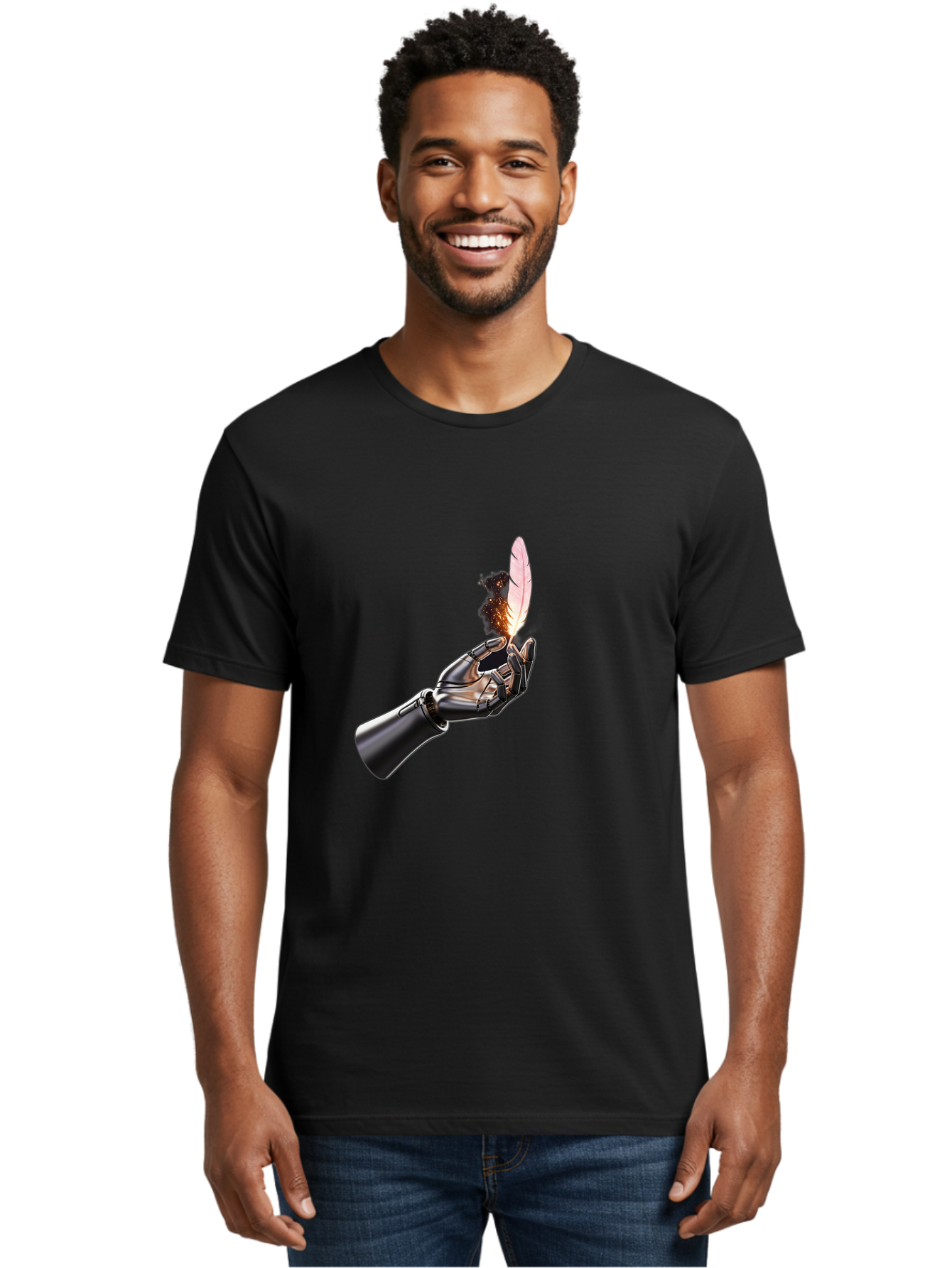 Robot-Hand-Holding-Feather-1 Men'S Graphic Tee, 100% Cotton, Comfortable Casual Summer Wear, Machine Washable, Vintage Camera, Old Camera, Antique Camera, Black Camera, Classic Photography, Photography Equipment, Nostalgic Device, Film Camera, Bao802 22