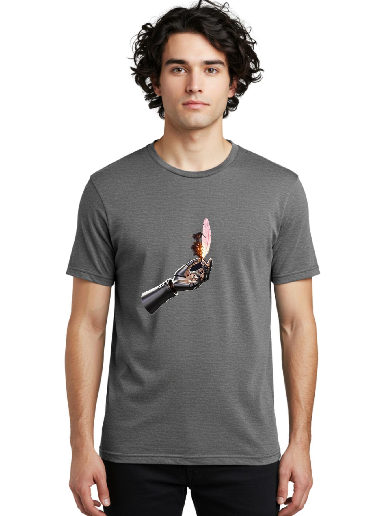 Robot-Hand-Holding-Feather-1 Men'S Graphic Tee, 100% Cotton, Comfortable Casual Summer Wear, Machine Washable, Vintage Camera, Old Camera, Antique Camera, Black Camera, Classic Photography, Photography Equipment, Nostalgic Device, Film Camera, Bao802 27