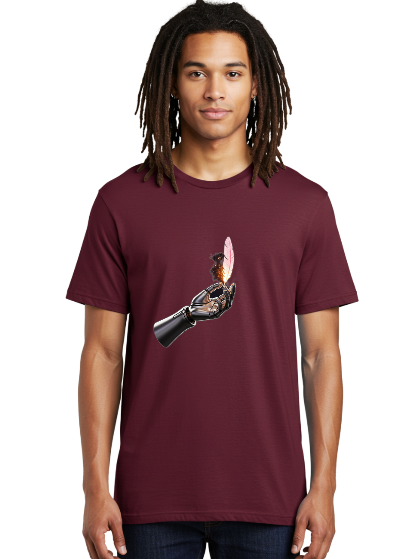 Robot-Hand-Holding-Feather-1 Men'S Graphic Tee, 100% Cotton, Comfortable Casual Summer Wear, Machine Washable, Vintage Camera, Old Camera, Antique Camera, Black Camera, Classic Photography, Photography Equipment, Nostalgic Device, Film Camera, Bao802 30