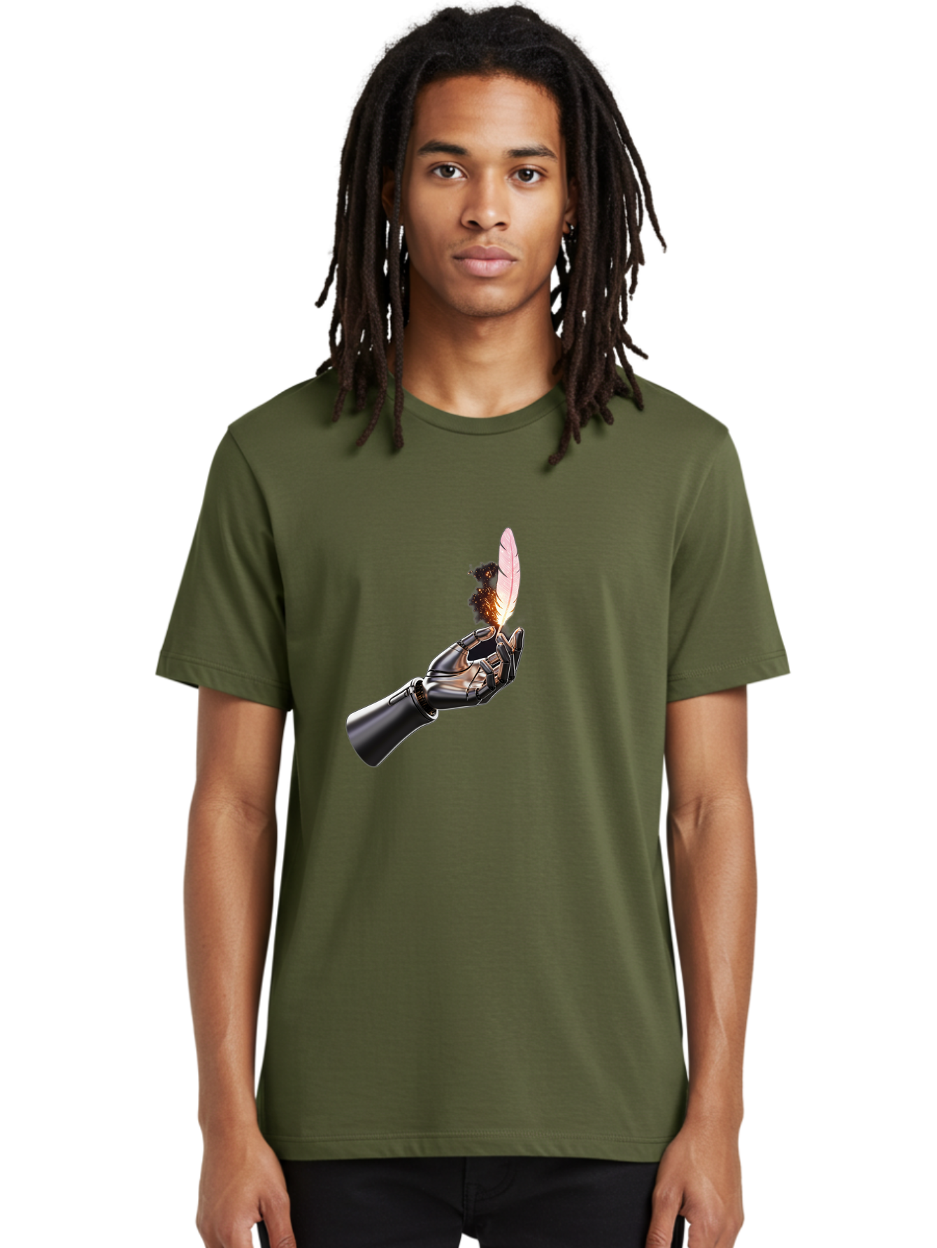 Robot-Hand-Holding-Feather-1 Men'S Graphic Tee, 100% Cotton, Comfortable Casual Summer Wear, Machine Washable, Vintage Camera, Old Camera, Antique Camera, Black Camera, Classic Photography, Photography Equipment, Nostalgic Device, Film Camera, Bao802 24