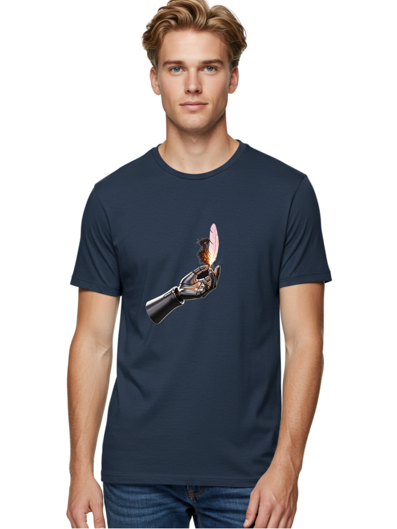 Robot-Hand-Holding-Feather-1 Men'S Graphic Tee, 100% Cotton, Comfortable Casual Summer Wear, Machine Washable, Vintage Camera, Old Camera, Antique Camera, Black Camera, Classic Photography, Photography Equipment, Nostalgic Device, Film Camera, Bao802 29