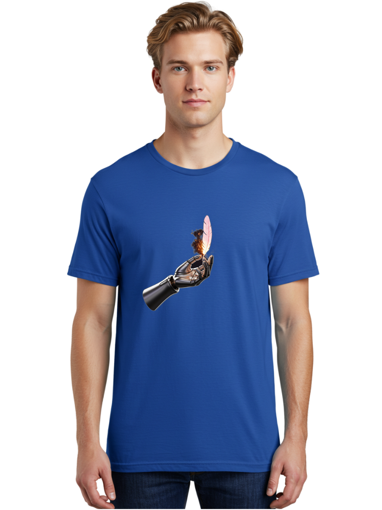 Robot-Hand-Holding-Feather-1 Men'S Graphic Tee, 100% Cotton, Comfortable Casual Summer Wear, Machine Washable, Vintage Camera, Old Camera, Antique Camera, Black Camera, Classic Photography, Photography Equipment, Nostalgic Device, Film Camera, Bao802 26