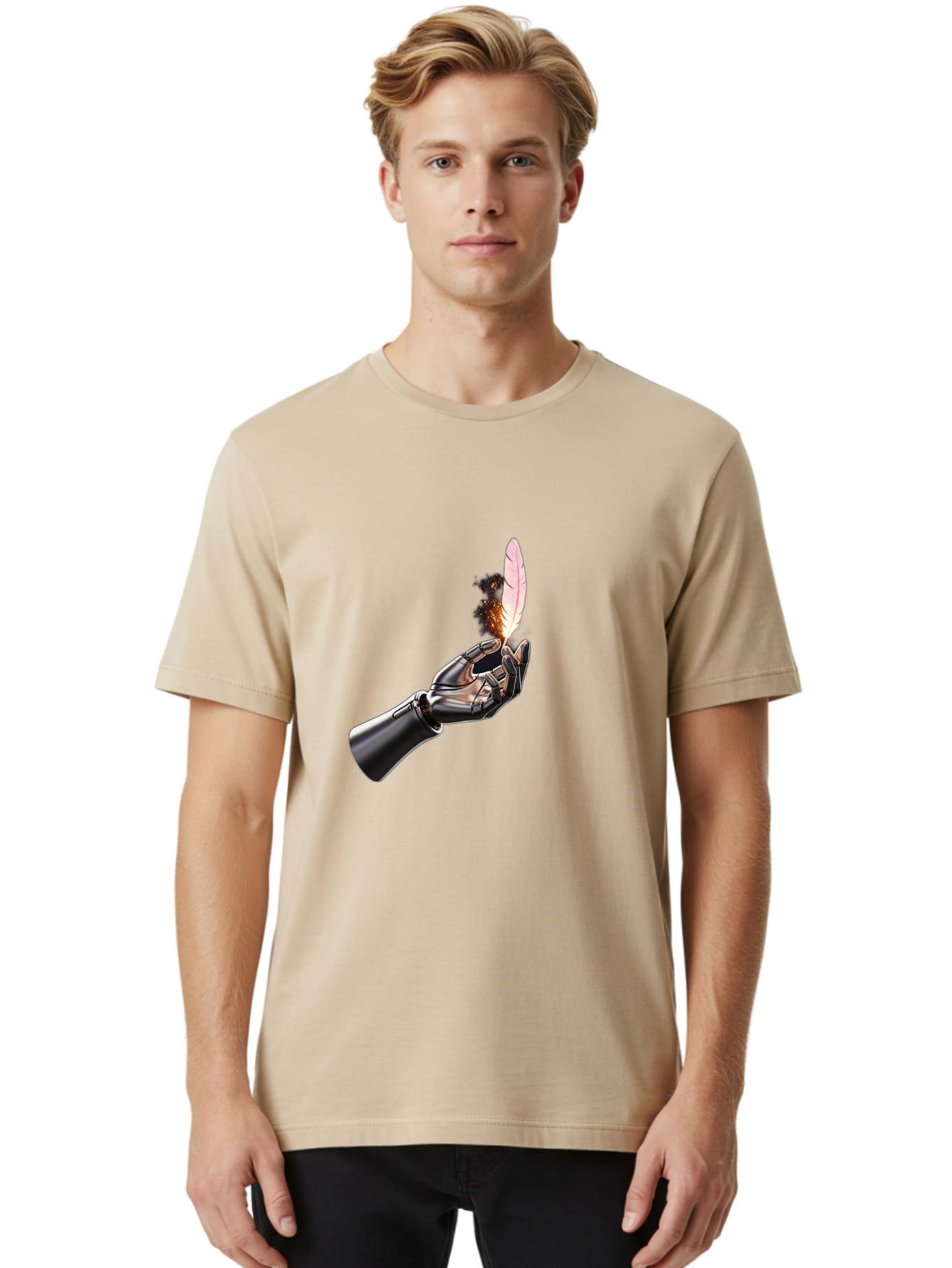 Robot-Hand-Holding-Feather-1 Men'S Graphic Tee, 100% Cotton, Comfortable Casual Summer Wear, Machine Washable, Vintage Camera, Old Camera, Antique Camera, Black Camera, Classic Photography, Photography Equipment, Nostalgic Device, Film Camera, Bao802 20