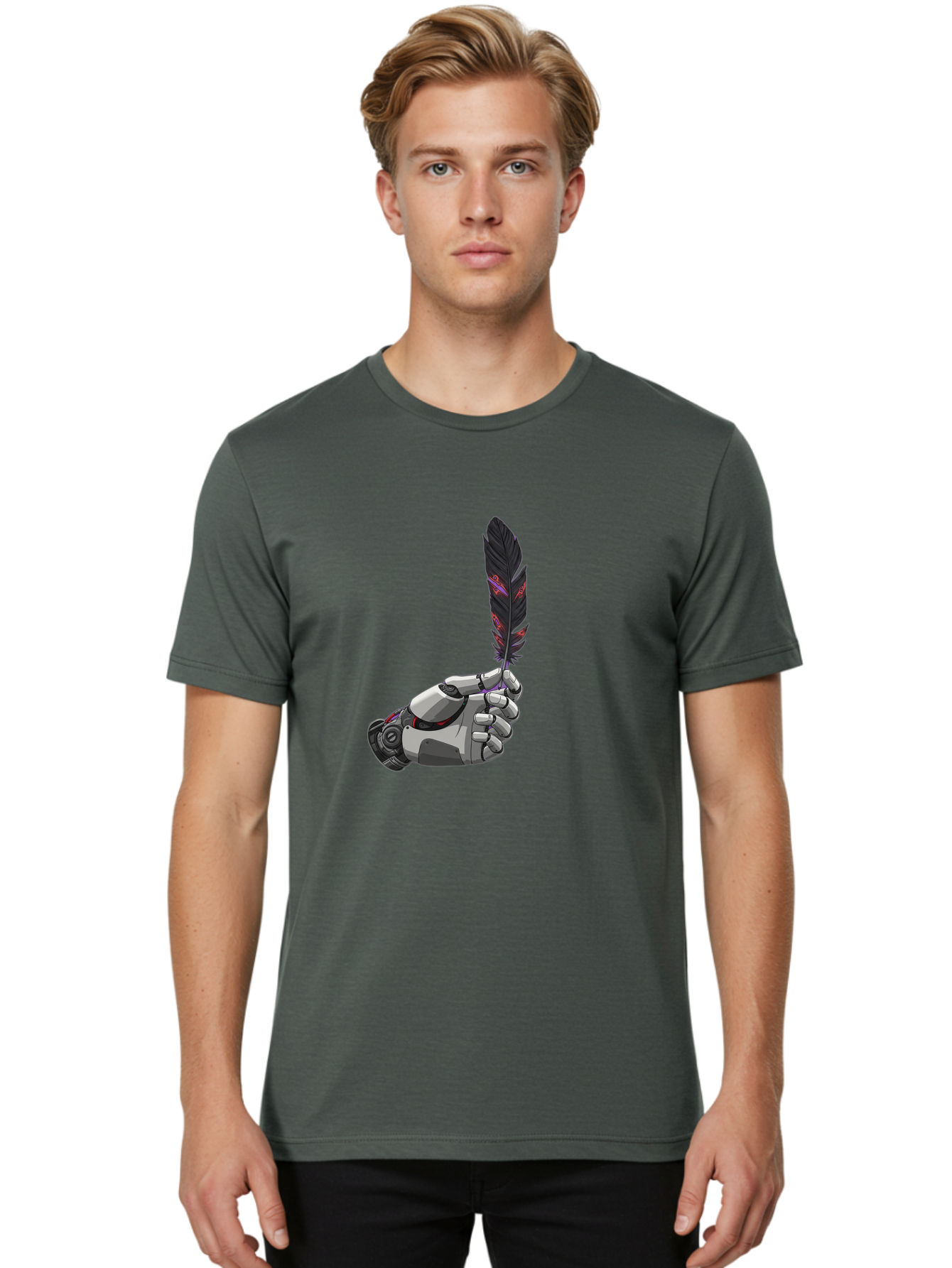 Robot-Hand-Holding-Feather Men'S Graphic Tee, 100% Cotton, Comfortable Casual Summer Wear, Machine Washable, Vintage Camera, Old Camera, Antique Camera, Black Camera, Classic Photography, Photography Equipment, Nostalgic Device, Film Camera, Bao803 17