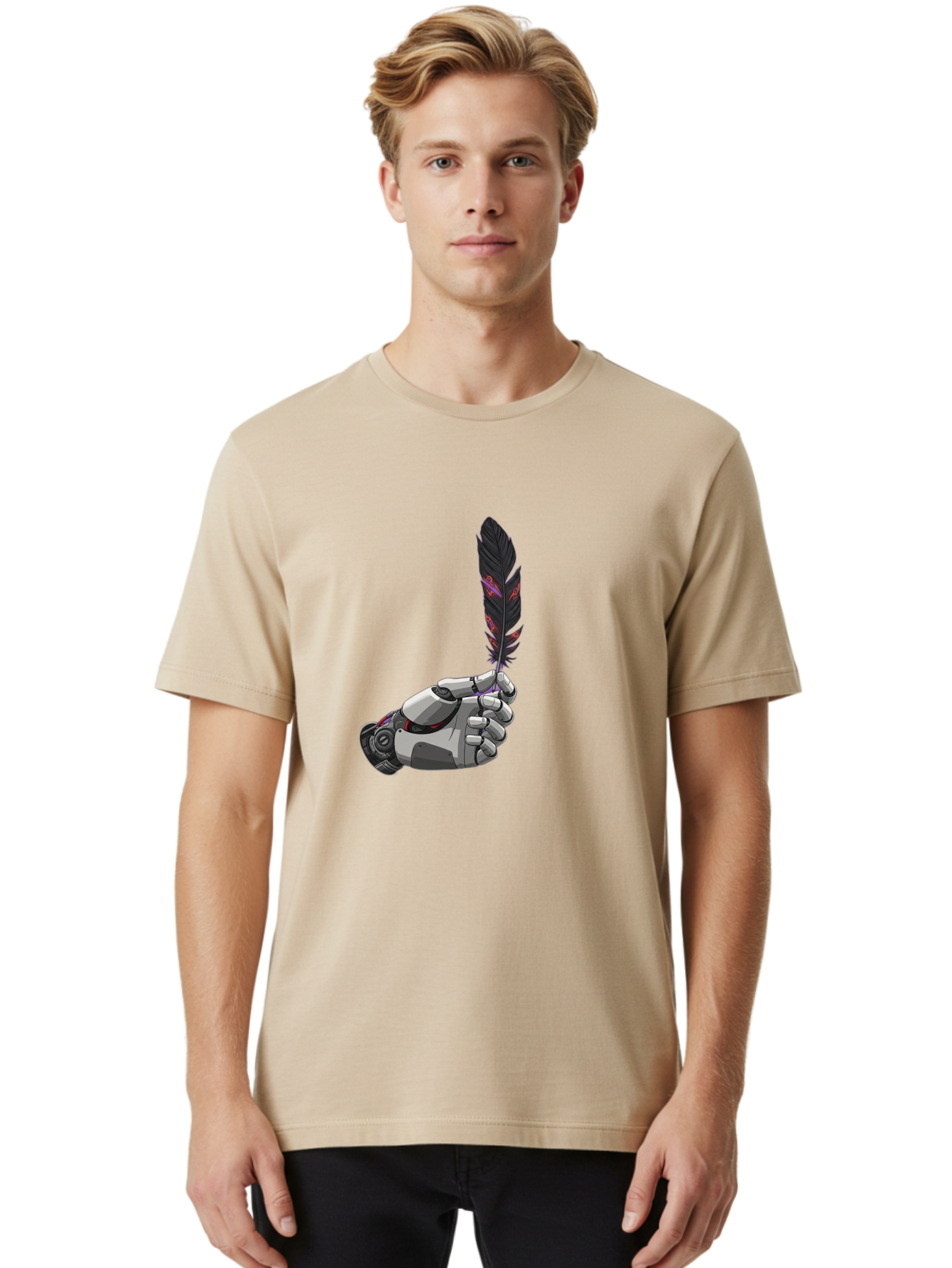 Robot-Hand-Holding-Feather Men'S Graphic Tee, 100% Cotton, Comfortable Casual Summer Wear, Machine Washable, Vintage Camera, Old Camera, Antique Camera, Black Camera, Classic Photography, Photography Equipment, Nostalgic Device, Film Camera, Bao803 22
