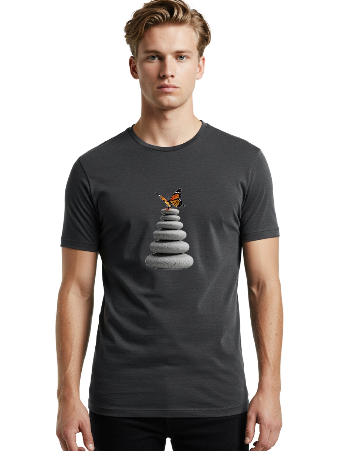 Stacked-Stones-With-Monarch Men'S Graphic Tee, 100% Cotton, Comfortable Casual Summer Wear, Machine Washable, Vintage Camera, Old Camera, Antique Camera, Black Camera, Classic Photography, Photography Equipment, Nostalgic Device, Film Camera, Bao920 29