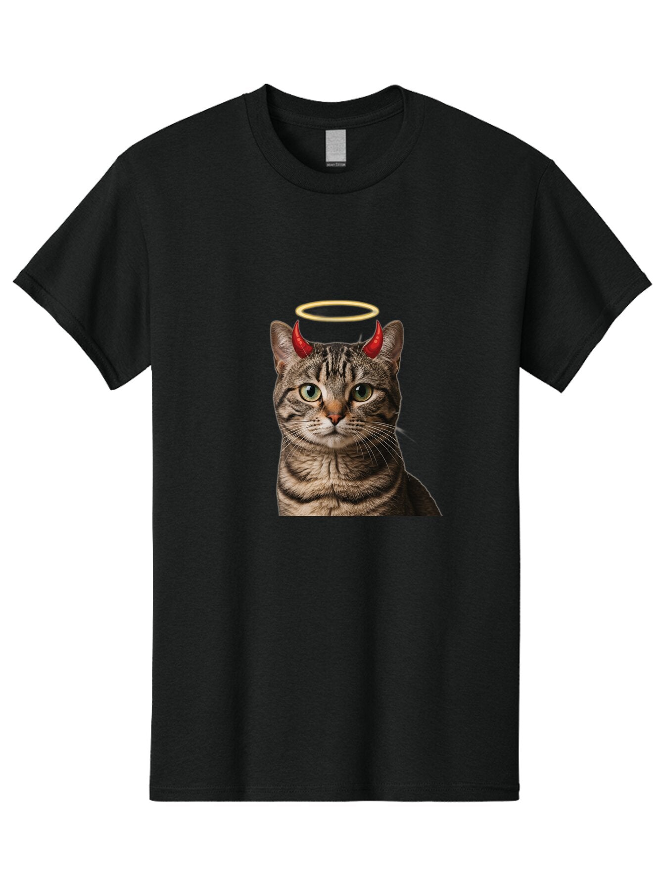 Tabby-Cat-With-Devil-Horns-And-Halo Men'S Graphic Tee, 100% Cotton, Comfortable Casual Summer Wear, Machine Washable, Vintage Camera, Old Camera, Antique Camera, Black Camera, Classic Photography, Photography Equipment, Nostalgic Device, Bao937 11