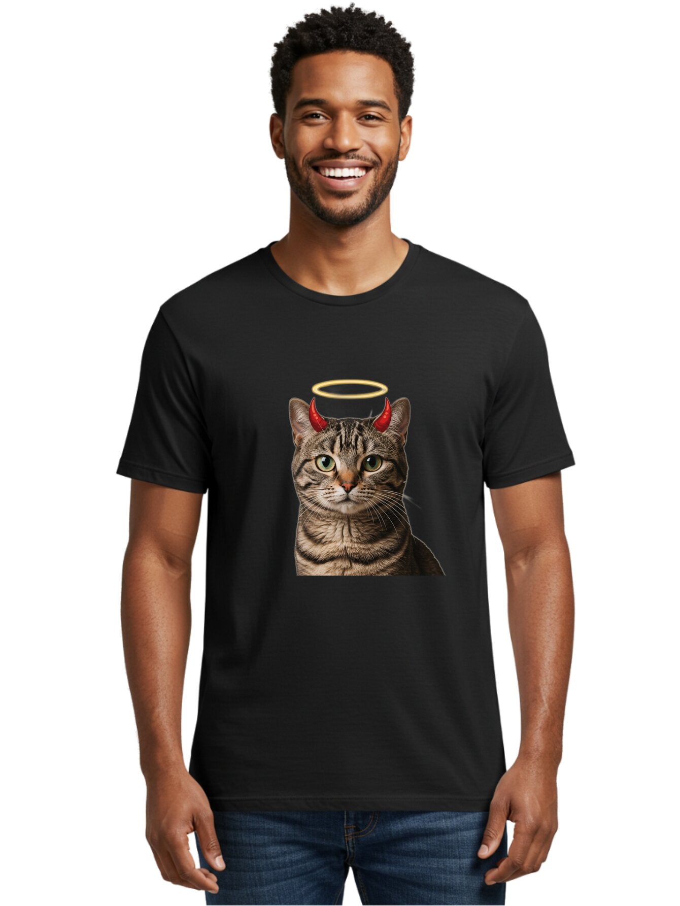 Tabby-Cat-With-Devil-Horns-And-Halo Men'S Graphic Tee, 100% Cotton, Comfortable Casual Summer Wear, Machine Washable, Vintage Camera, Old Camera, Antique Camera, Black Camera, Classic Photography, Photography Equipment, Nostalgic Device, Bao937 27