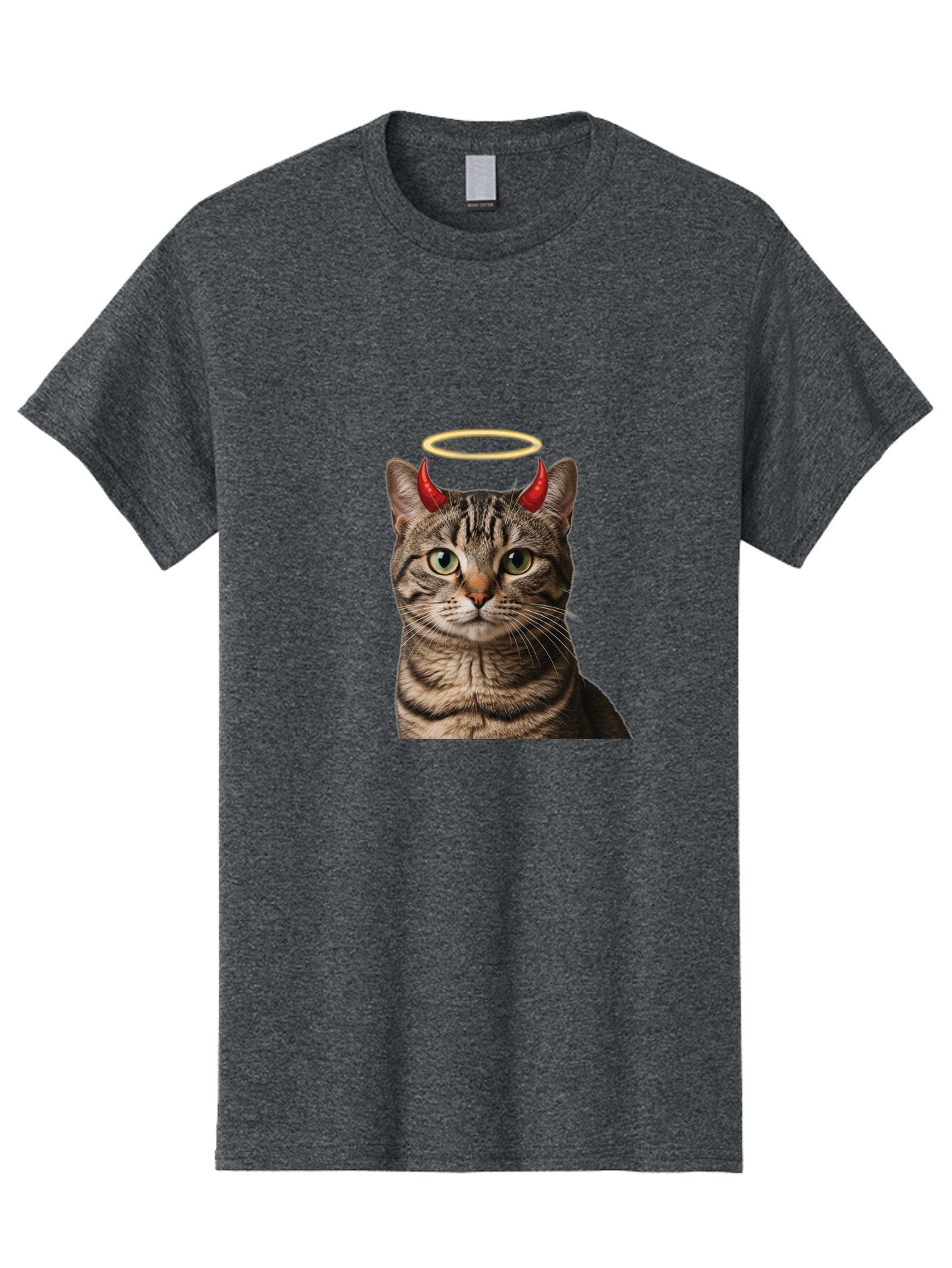Tabby-Cat-With-Devil-Horns-And-Halo Men'S Graphic Tee, 100% Cotton, Comfortable Casual Summer Wear, Machine Washable, Vintage Camera, Old Camera, Antique Camera, Black Camera, Classic Photography, Photography Equipment, Nostalgic Device, Bao937 4
