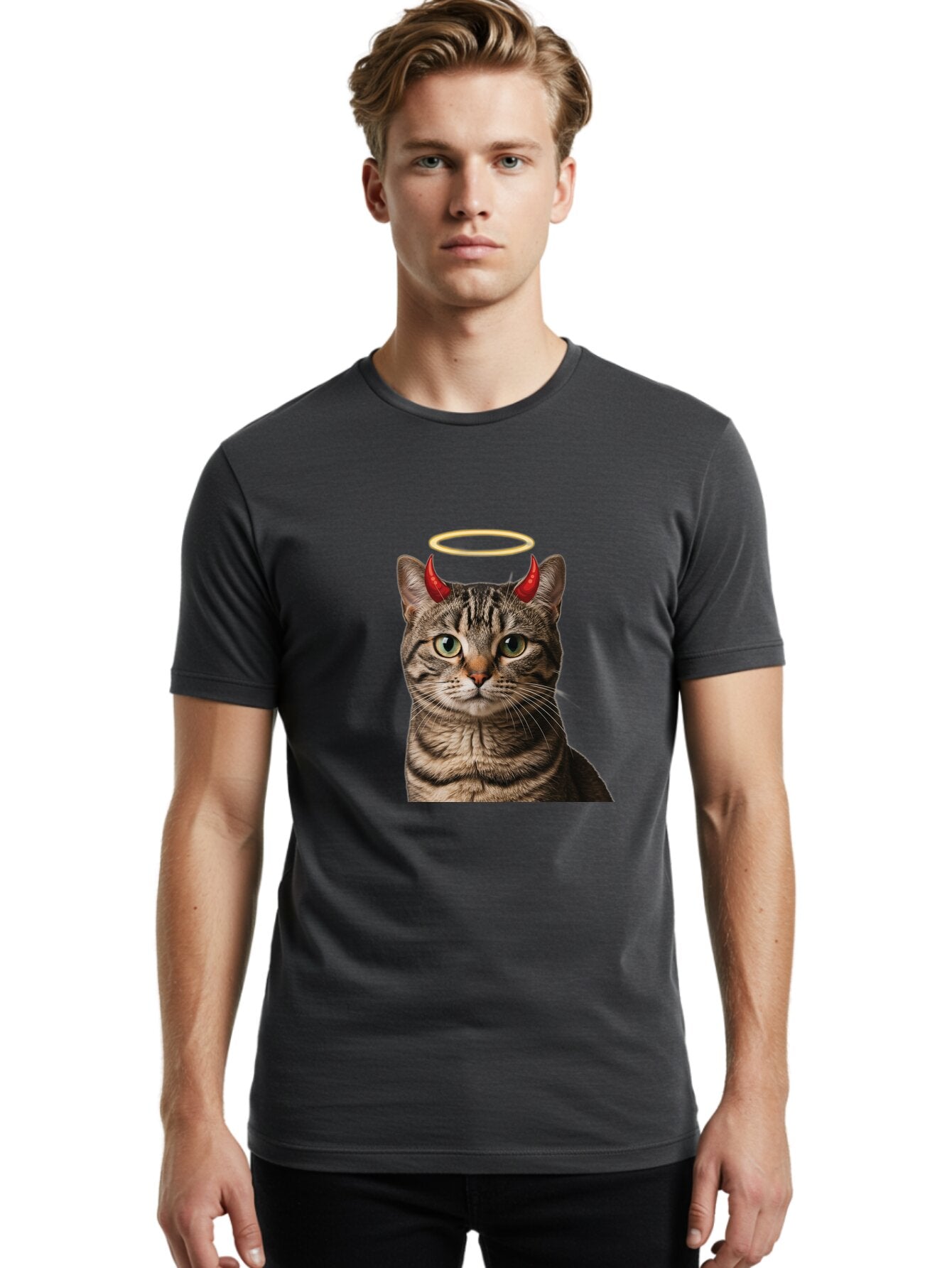 Tabby-Cat-With-Devil-Horns-And-Halo Men'S Graphic Tee, 100% Cotton, Comfortable Casual Summer Wear, Machine Washable, Vintage Camera, Old Camera, Antique Camera, Black Camera, Classic Photography, Photography Equipment, Nostalgic Device, Bao937 18