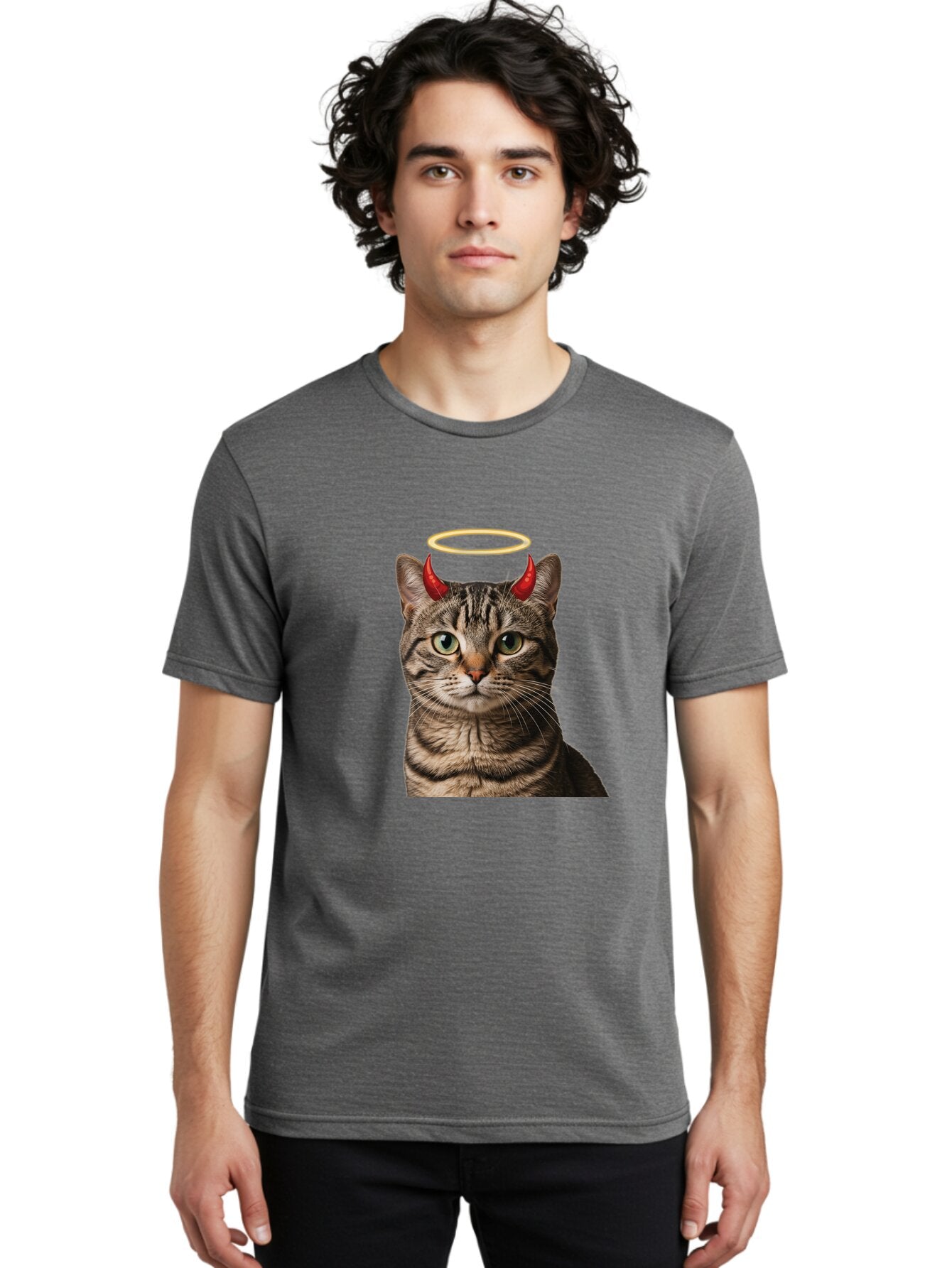 Tabby-Cat-With-Devil-Horns-And-Halo Men'S Graphic Tee, 100% Cotton, Comfortable Casual Summer Wear, Machine Washable, Vintage Camera, Old Camera, Antique Camera, Black Camera, Classic Photography, Photography Equipment, Nostalgic Device, Bao937 20