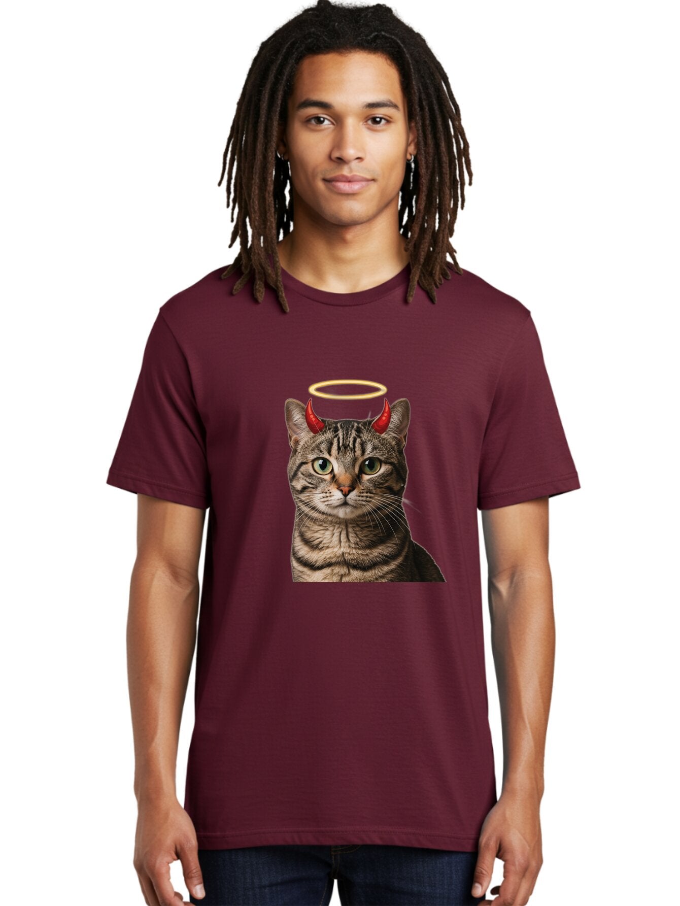 Tabby-Cat-With-Devil-Horns-And-Halo Men'S Graphic Tee, 100% Cotton, Comfortable Casual Summer Wear, Machine Washable, Vintage Camera, Old Camera, Antique Camera, Black Camera, Classic Photography, Photography Equipment, Nostalgic Device, Bao937 26