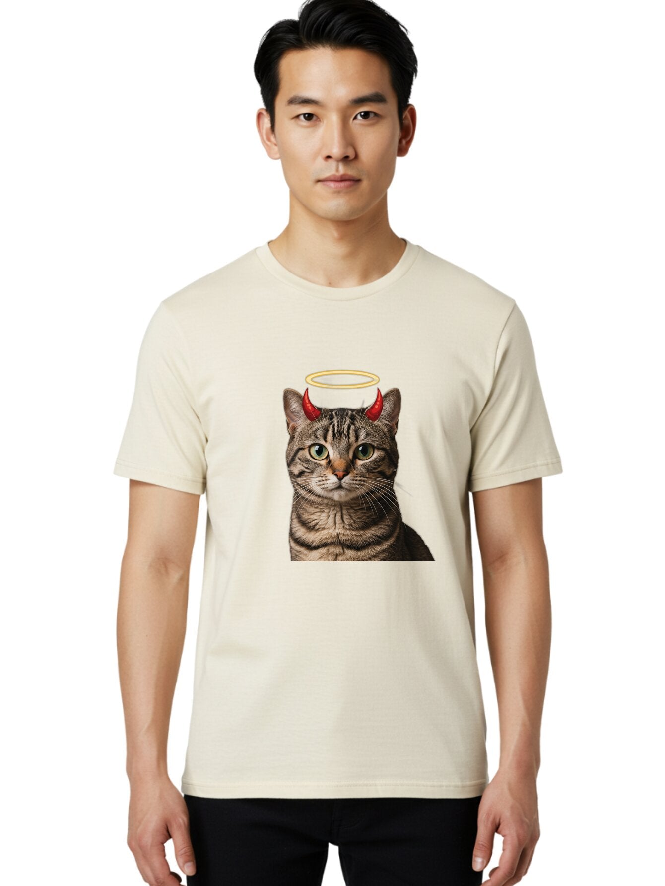 Tabby-Cat-With-Devil-Horns-And-Halo Men'S Graphic Tee, 100% Cotton, Comfortable Casual Summer Wear, Machine Washable, Vintage Camera, Old Camera, Antique Camera, Black Camera, Classic Photography, Photography Equipment, Nostalgic Device, Bao937 23