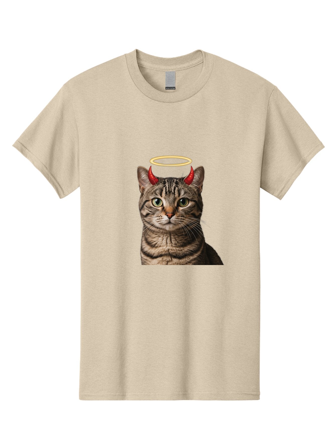 Tabby-Cat-With-Devil-Horns-And-Halo Men'S Graphic Tee, 100% Cotton, Comfortable Casual Summer Wear, Machine Washable, Vintage Camera, Old Camera, Antique Camera, Black Camera, Classic Photography, Photography Equipment, Nostalgic Device, Bao937