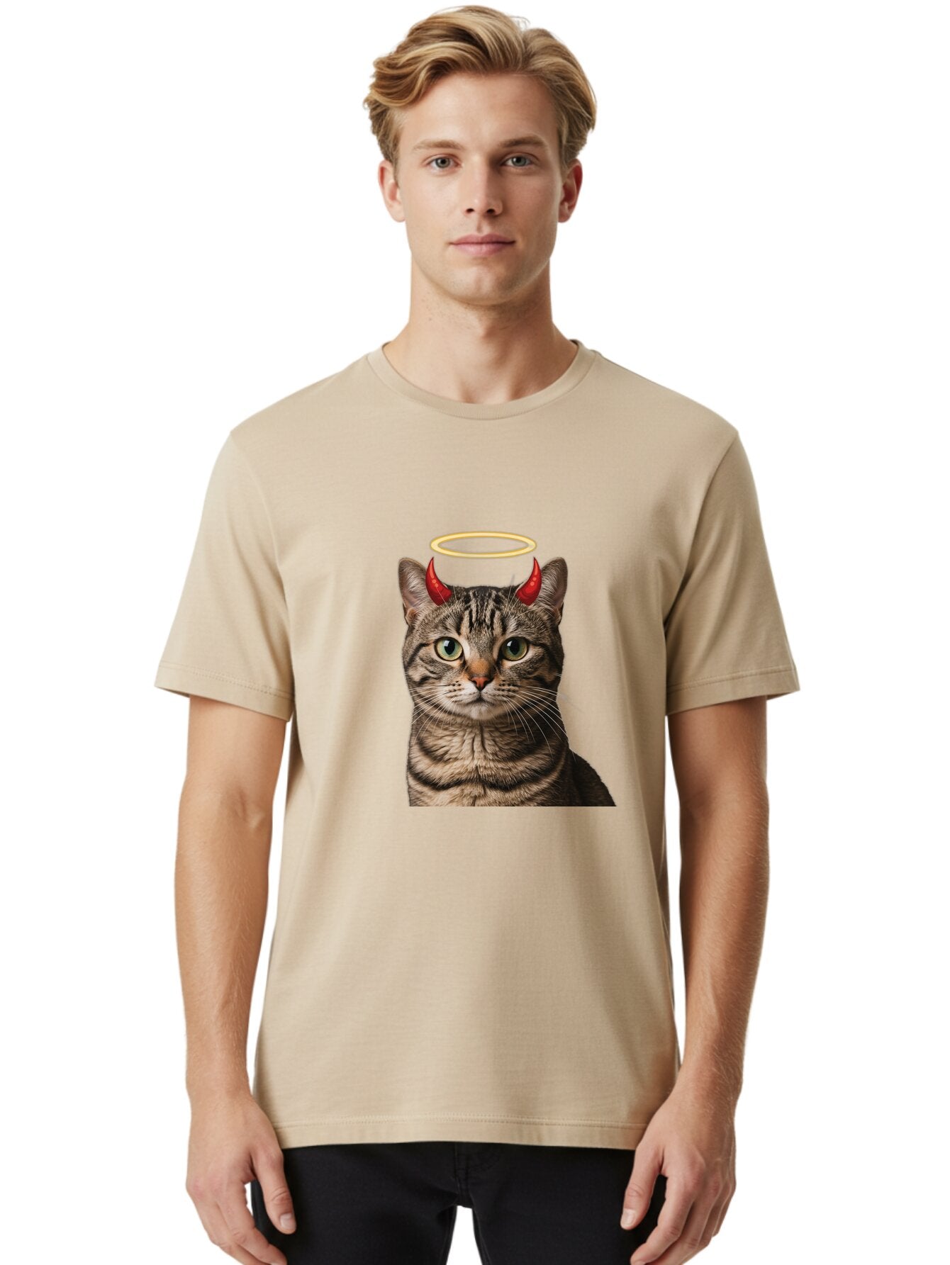 Tabby-Cat-With-Devil-Horns-And-Halo Men'S Graphic Tee, 100% Cotton, Comfortable Casual Summer Wear, Machine Washable, Vintage Camera, Old Camera, Antique Camera, Black Camera, Classic Photography, Photography Equipment, Nostalgic Device, Bao937 21