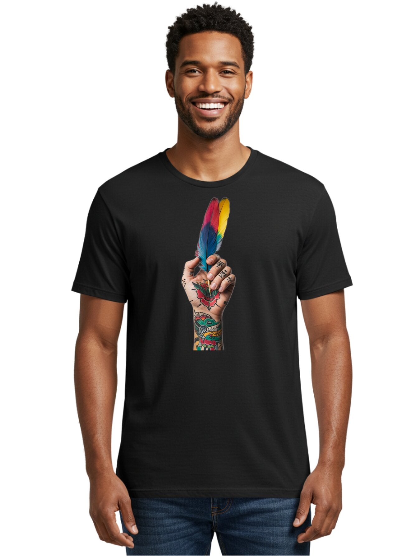 Tattooed-Hand-Holding-Feather Men'S Graphic Tee, 100% Cotton, Comfortable Casual Summer Wear, Machine Washable, Vintage Camera, Old Camera, Antique Camera, Black Camera, Classic Photography, Photography Equipment, Nostalgic Device, Bao943 26
