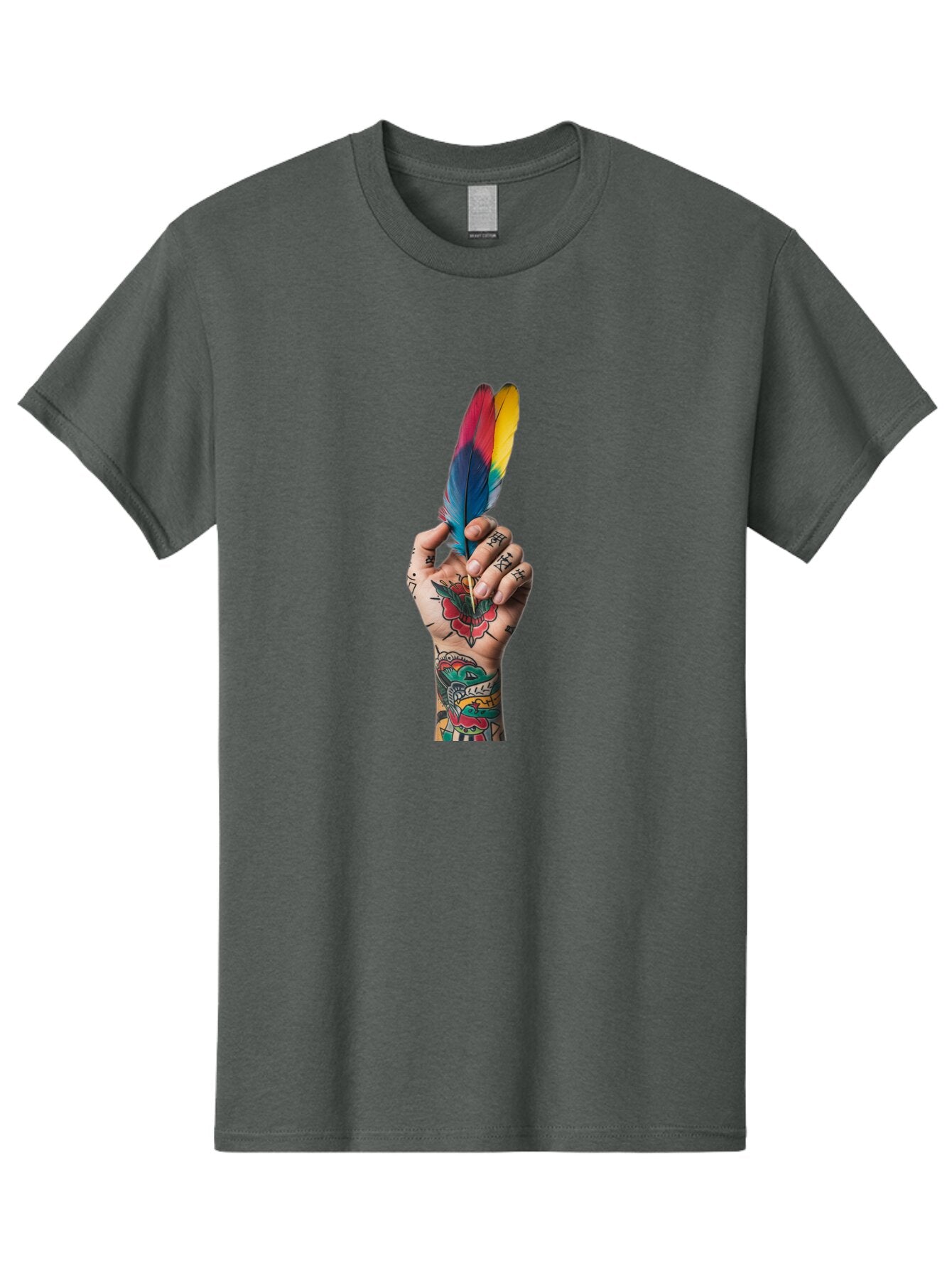Tattooed-Hand-Holding-Feather Men'S Graphic Tee, 100% Cotton, Comfortable Casual Summer Wear, Machine Washable, Vintage Camera, Old Camera, Antique Camera, Black Camera, Classic Photography, Photography Equipment, Nostalgic Device, Bao943