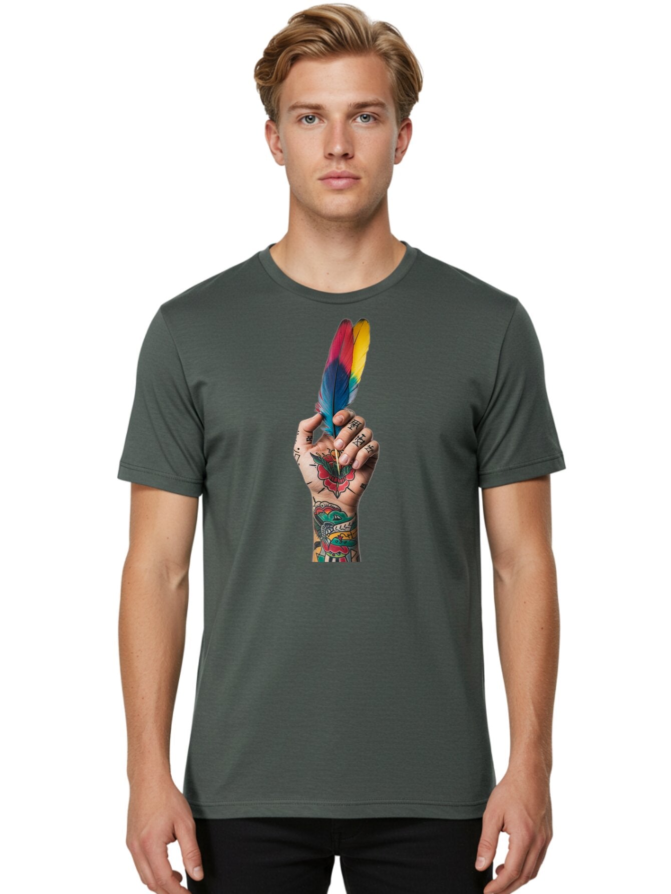 Tattooed-Hand-Holding-Feather Men'S Graphic Tee, 100% Cotton, Comfortable Casual Summer Wear, Machine Washable, Vintage Camera, Old Camera, Antique Camera, Black Camera, Classic Photography, Photography Equipment, Nostalgic Device, Bao943 19