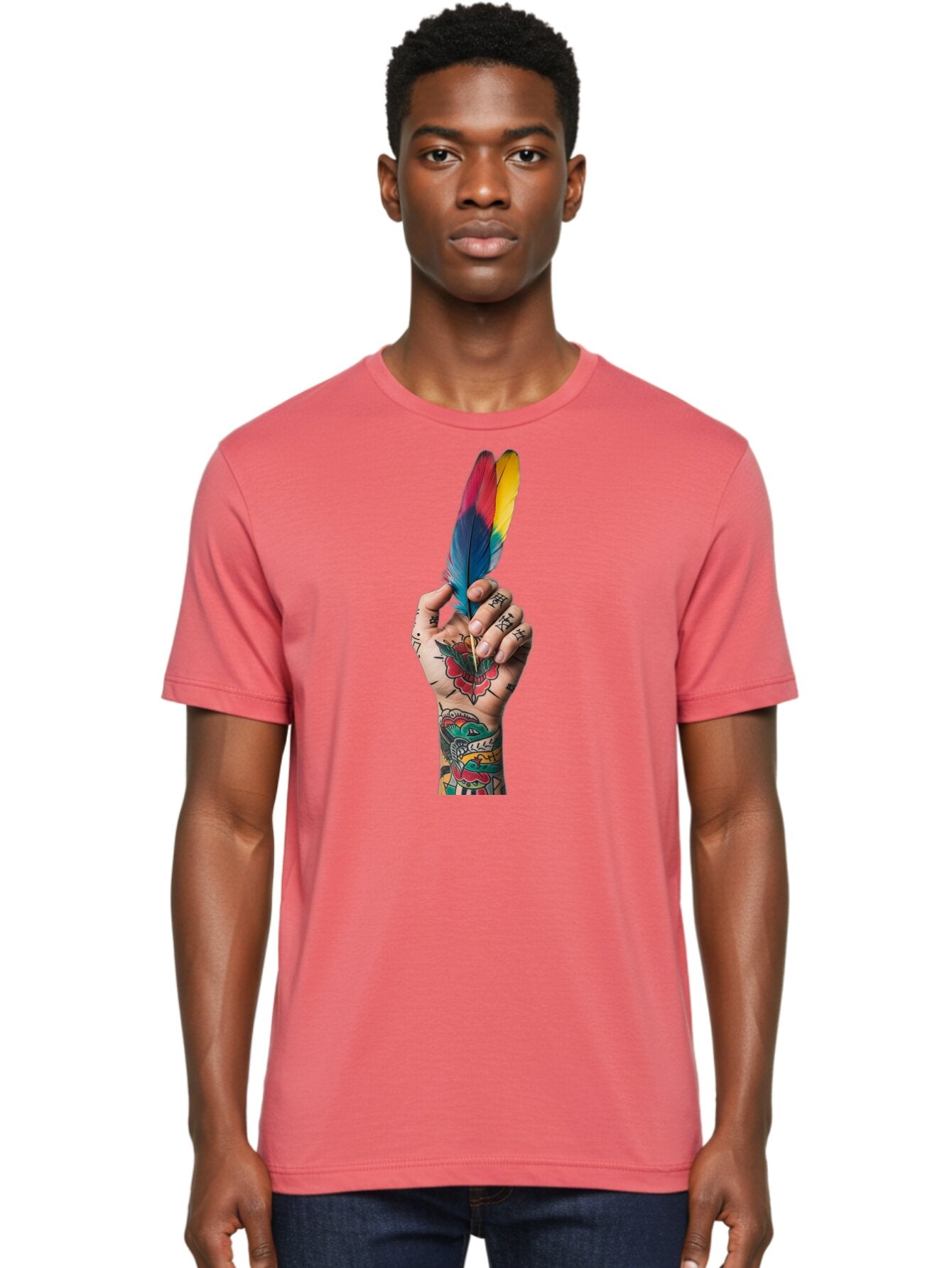 Tattooed-Hand-Holding-Feather Men'S Graphic Tee, 100% Cotton, Comfortable Casual Summer Wear, Machine Washable, Vintage Camera, Old Camera, Antique Camera, Black Camera, Classic Photography, Photography Equipment, Nostalgic Device, Bao943 23