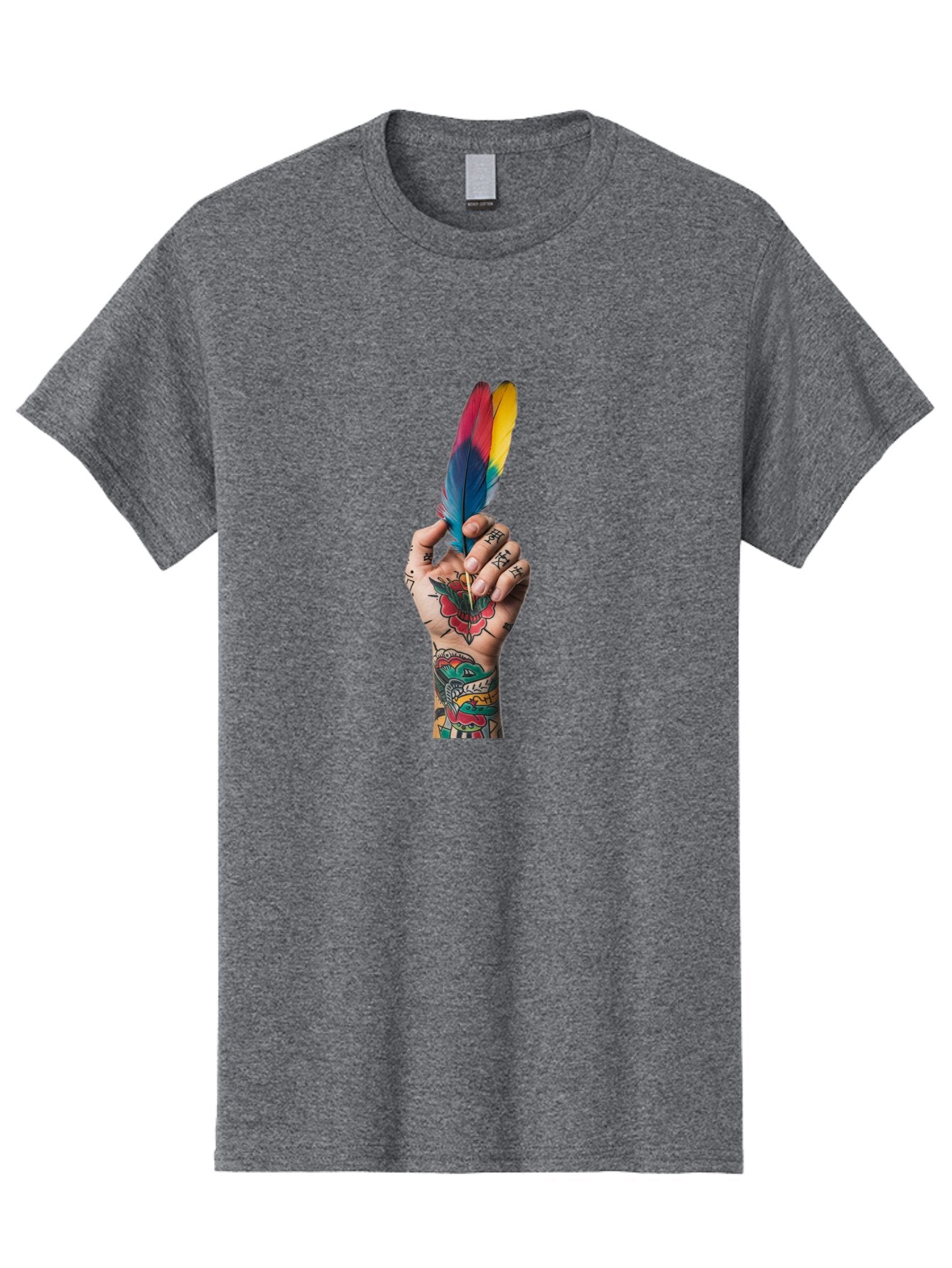 Tattooed-Hand-Holding-Feather Men'S Graphic Tee, 100% Cotton, Comfortable Casual Summer Wear, Machine Washable, Vintage Camera, Old Camera, Antique Camera, Black Camera, Classic Photography, Photography Equipment, Nostalgic Device, Bao943 3