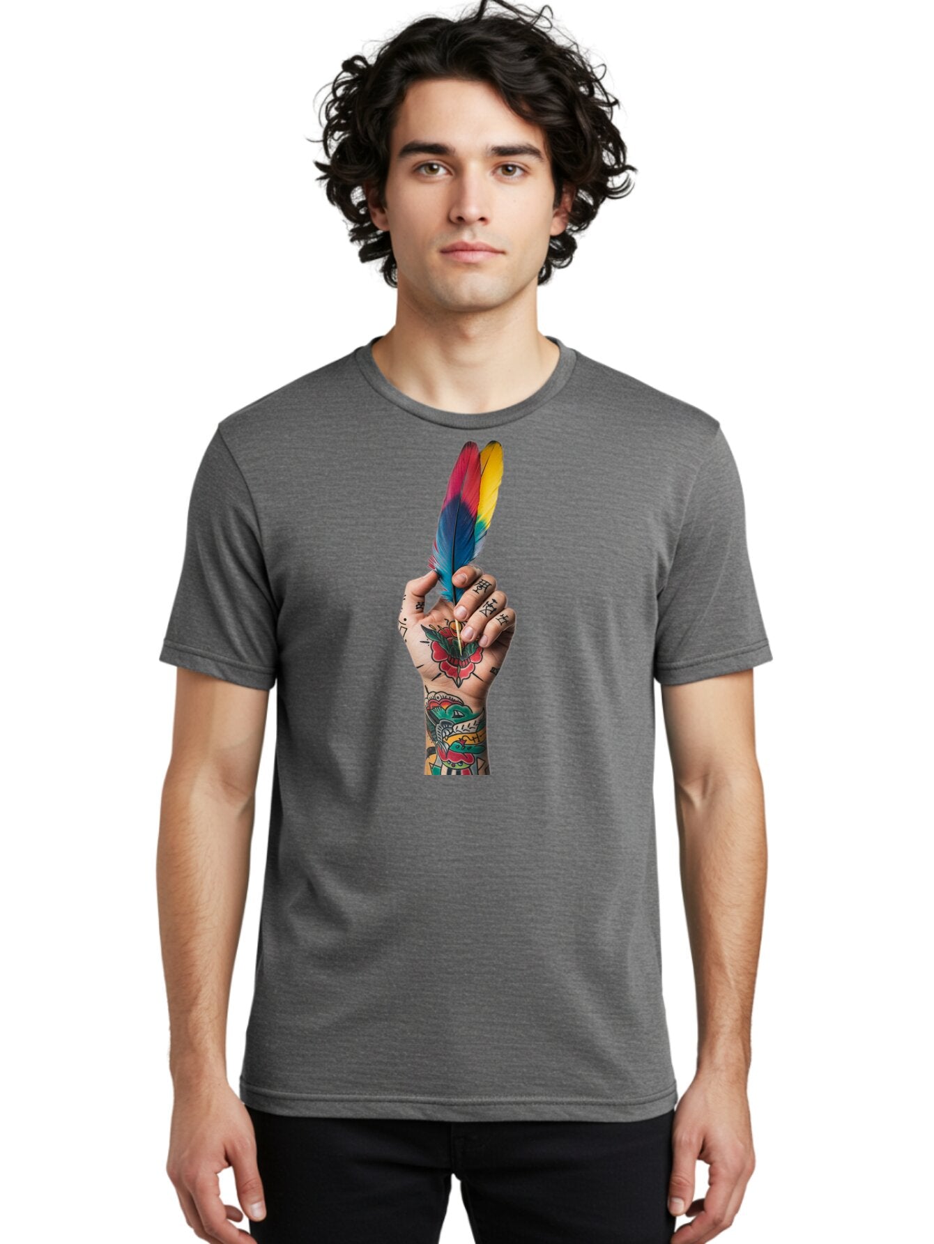 Tattooed-Hand-Holding-Feather Men'S Graphic Tee, 100% Cotton, Comfortable Casual Summer Wear, Machine Washable, Vintage Camera, Old Camera, Antique Camera, Black Camera, Classic Photography, Photography Equipment, Nostalgic Device, Bao943 22