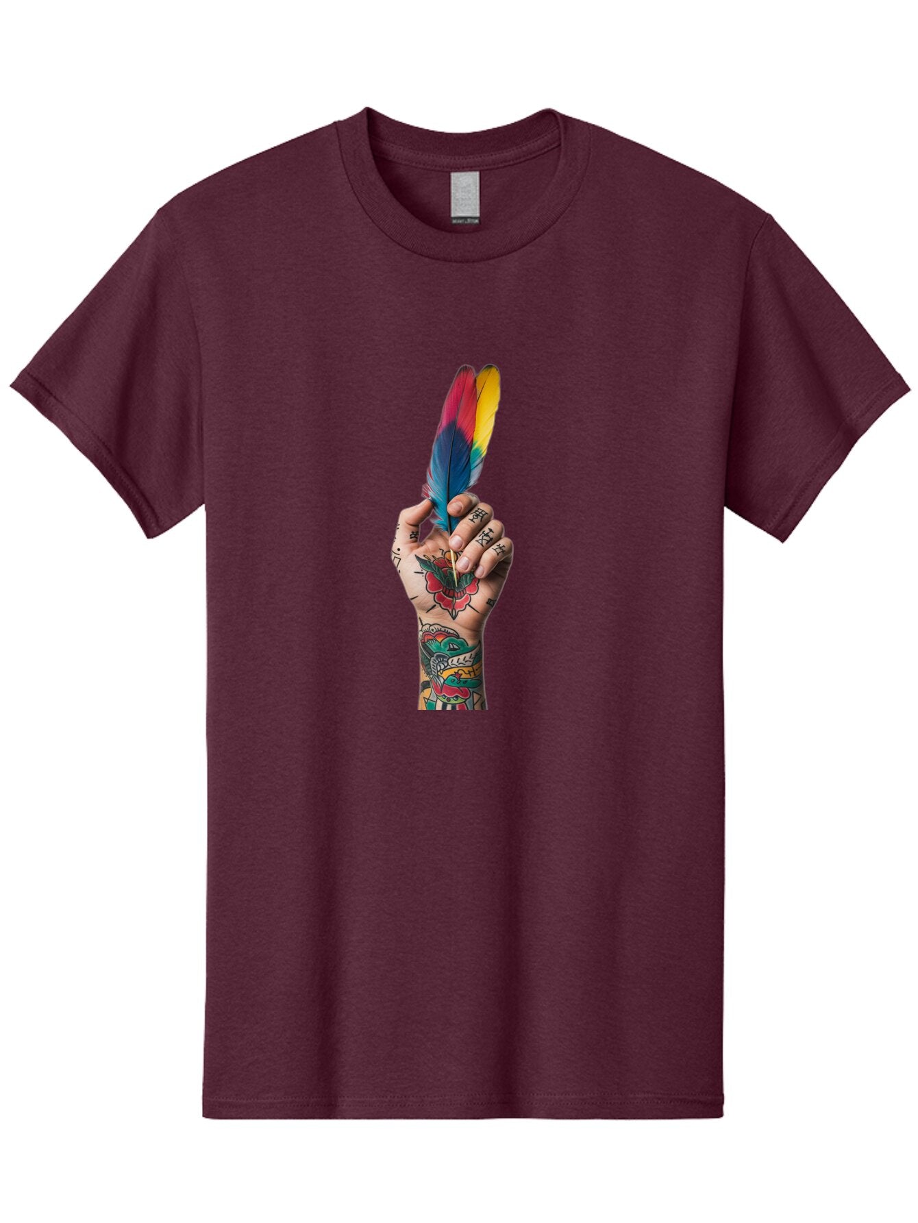 Tattooed-Hand-Holding-Feather Men'S Graphic Tee, 100% Cotton, Comfortable Casual Summer Wear, Machine Washable, Vintage Camera, Old Camera, Antique Camera, Black Camera, Classic Photography, Photography Equipment, Nostalgic Device, Bao943