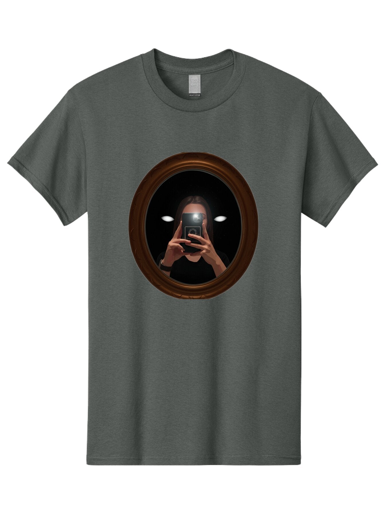 Woman-Taking-Selfie-In-Oval-Mirror Men'S Graphic Tee, 100% Cotton, Comfortable Casual Summer Wear, Machine Washable, Vintage Camera, Old Camera, Antique Camera, Black Camera, Classic Photography, Photography Equipment, Nostalgic Device, Bap015 8