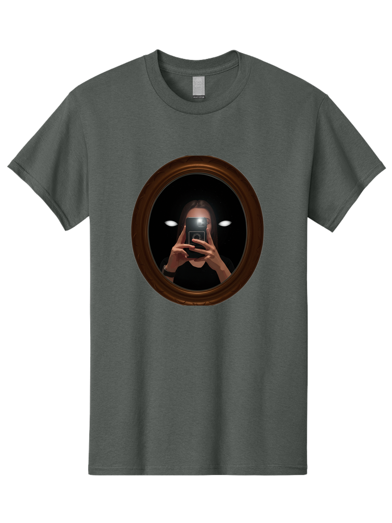 Woman-Taking-Selfie-In-Oval-Mirror Men'S Graphic Tee, 100% Cotton, Comfortable Casual Summer Wear, Machine Washable, Vintage Camera, Old Camera, Antique Camera, Black Camera, Classic Photography, Photography Equipment, Nostalgic Device, Bap015 6