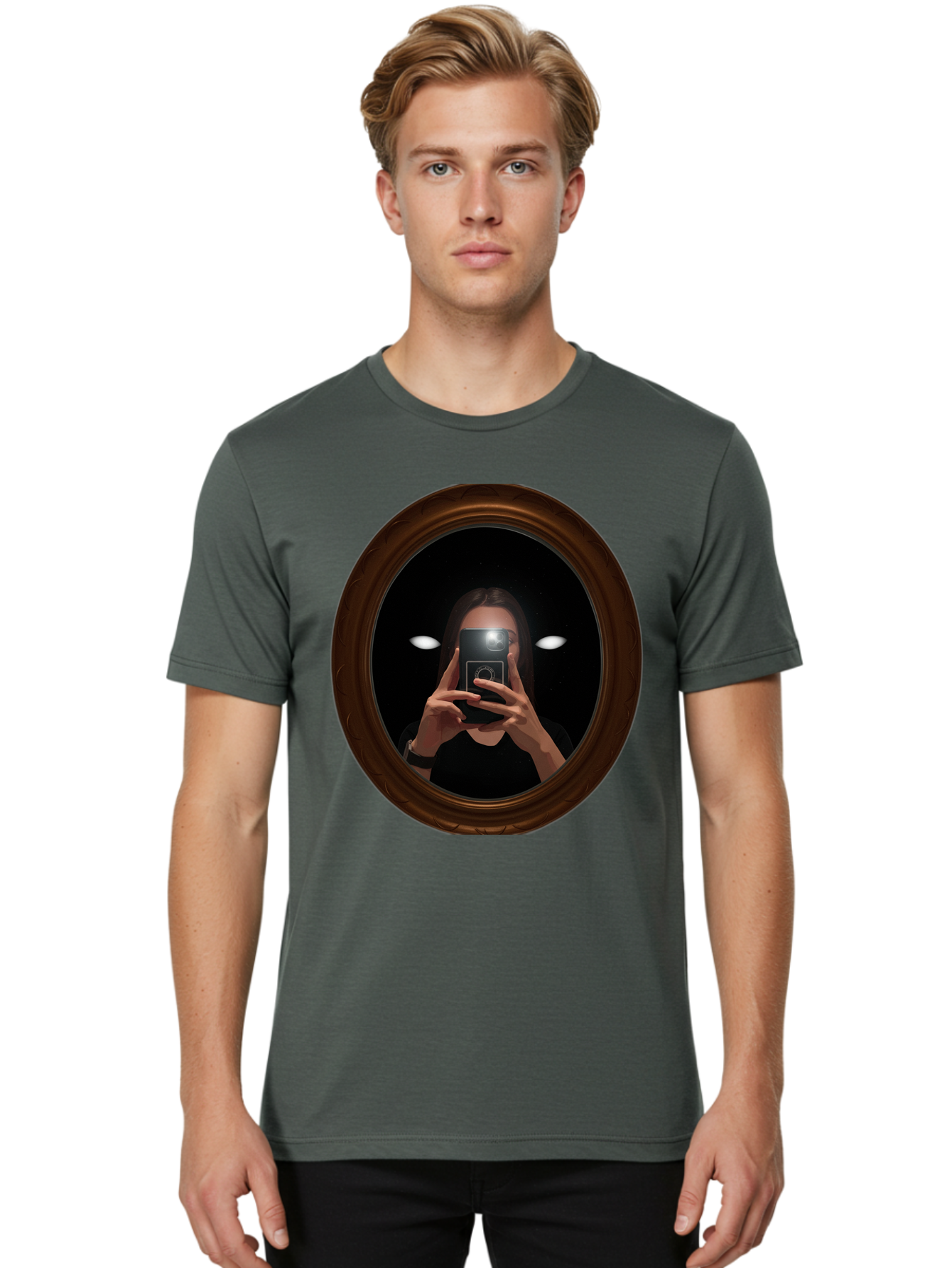 Woman-Taking-Selfie-In-Oval-Mirror Men'S Graphic Tee, 100% Cotton, Comfortable Casual Summer Wear, Machine Washable, Vintage Camera, Old Camera, Antique Camera, Black Camera, Classic Photography, Photography Equipment, Nostalgic Device, Bap015 21