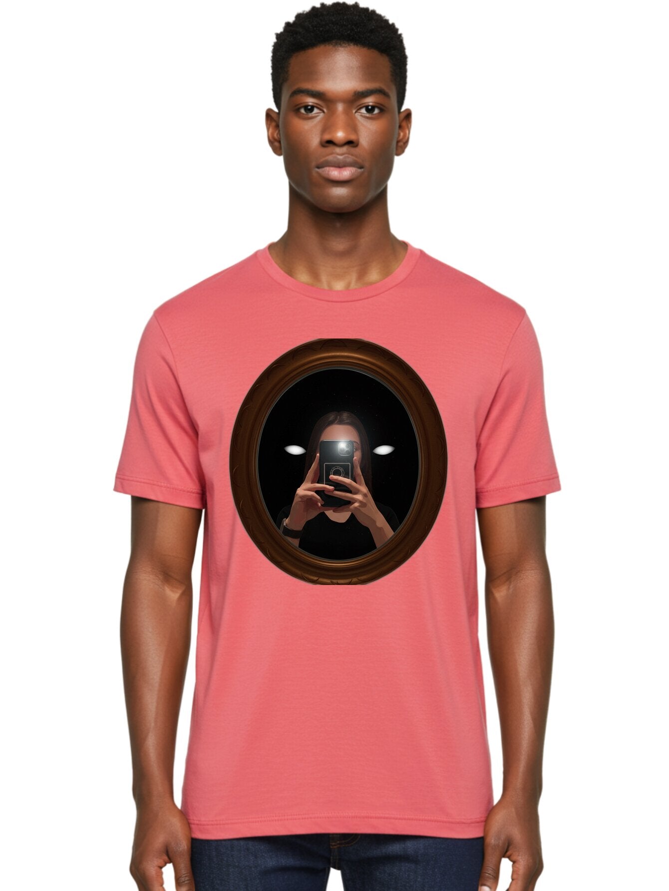 Woman-Taking-Selfie-In-Oval-Mirror Men'S Graphic Tee, 100% Cotton, Comfortable Casual Summer Wear, Machine Washable, Vintage Camera, Old Camera, Antique Camera, Black Camera, Classic Photography, Photography Equipment, Nostalgic Device, Bap015 22