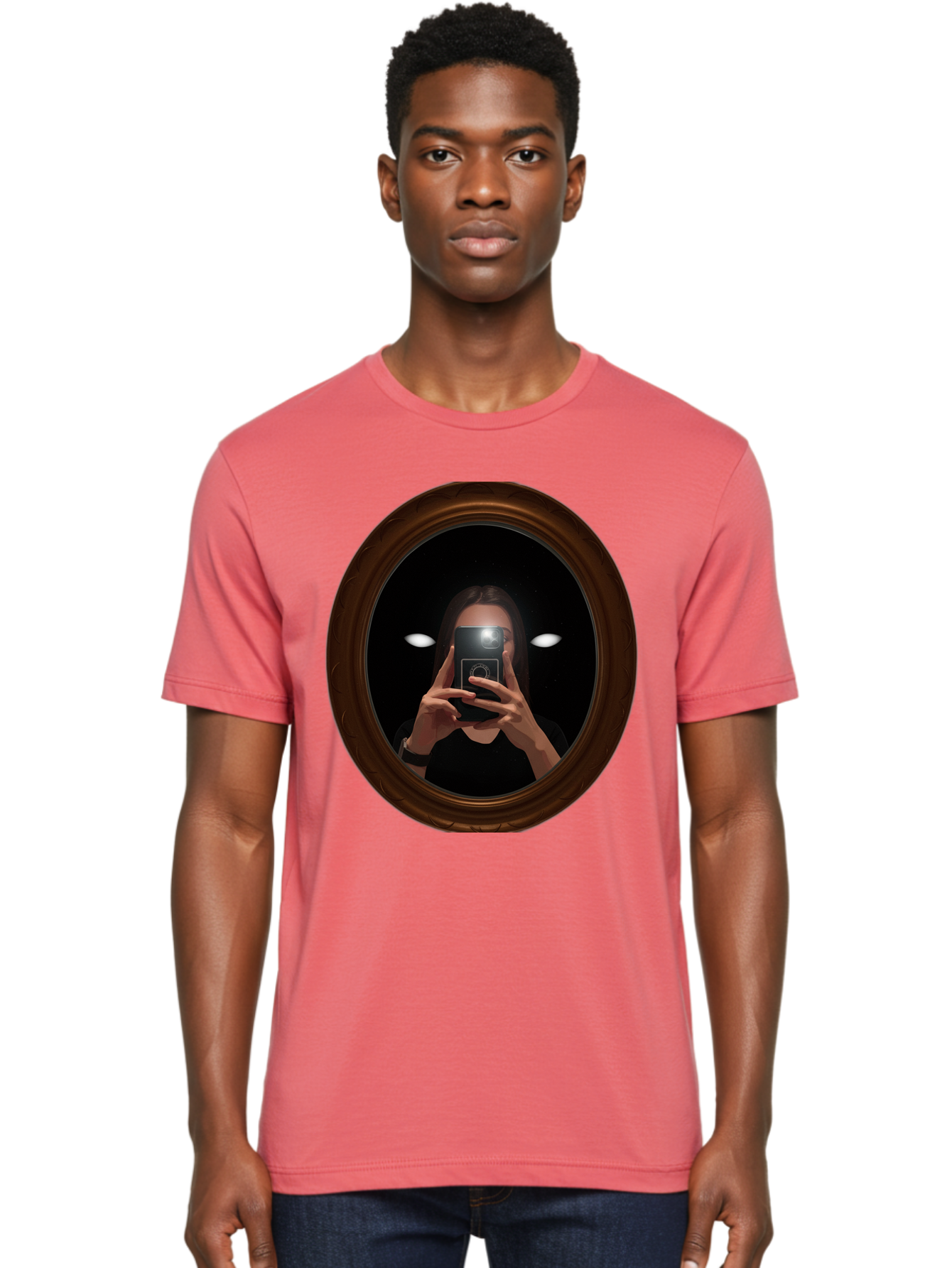 Woman-Taking-Selfie-In-Oval-Mirror Men'S Graphic Tee, 100% Cotton, Comfortable Casual Summer Wear, Machine Washable, Vintage Camera, Old Camera, Antique Camera, Black Camera, Classic Photography, Photography Equipment, Nostalgic Device, Bap015 24
