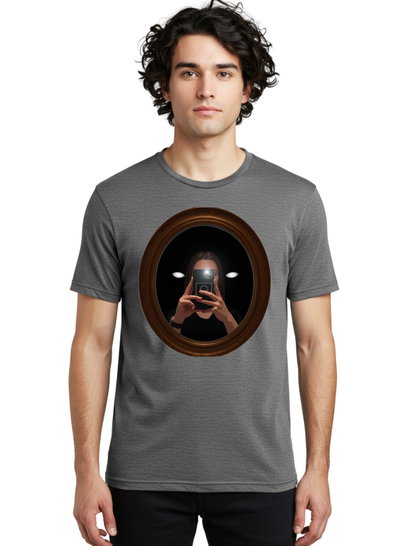 Woman-Taking-Selfie-In-Oval-Mirror Men'S Graphic Tee, 100% Cotton, Comfortable Casual Summer Wear, Machine Washable, Vintage Camera, Old Camera, Antique Camera, Black Camera, Classic Photography, Photography Equipment, Nostalgic Device, Bap015 16