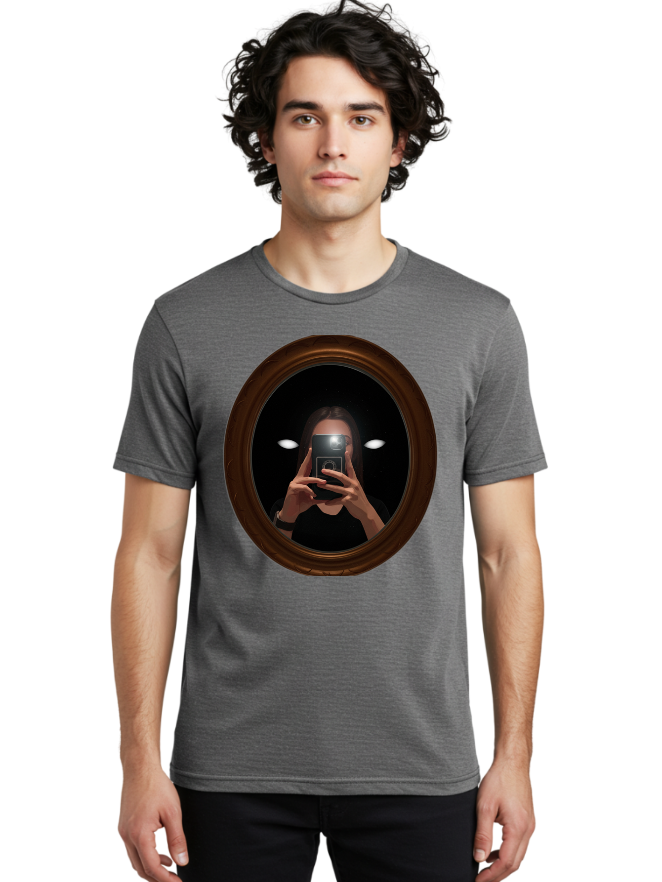 Woman-Taking-Selfie-In-Oval-Mirror Men'S Graphic Tee, 100% Cotton, Comfortable Casual Summer Wear, Machine Washable, Vintage Camera, Old Camera, Antique Camera, Black Camera, Classic Photography, Photography Equipment, Nostalgic Device, Bap015 28