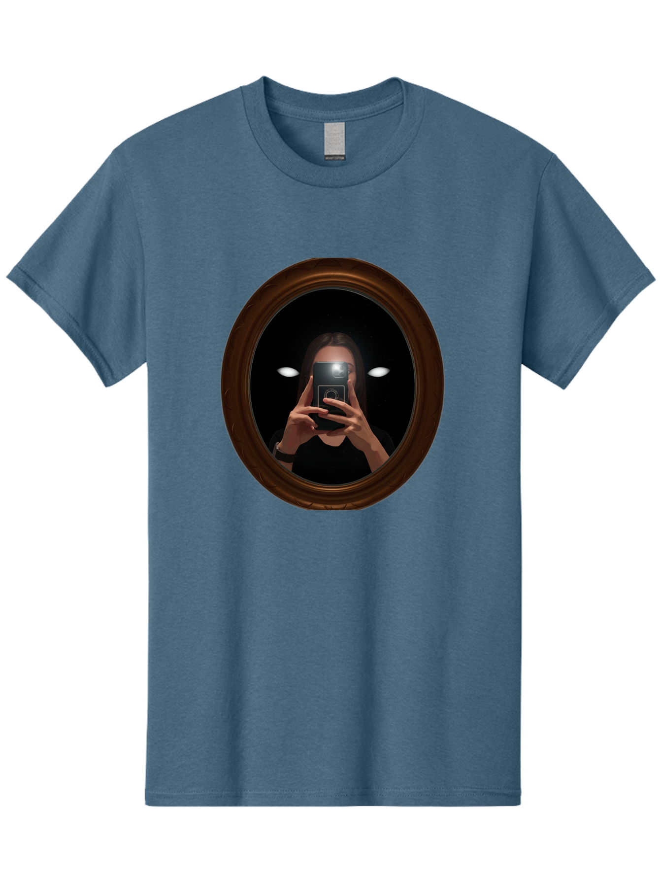 Woman-Taking-Selfie-In-Oval-Mirror Men'S Graphic Tee, 100% Cotton, Comfortable Casual Summer Wear, Machine Washable, Vintage Camera, Old Camera, Antique Camera, Black Camera, Classic Photography, Photography Equipment, Nostalgic Device, Bap015