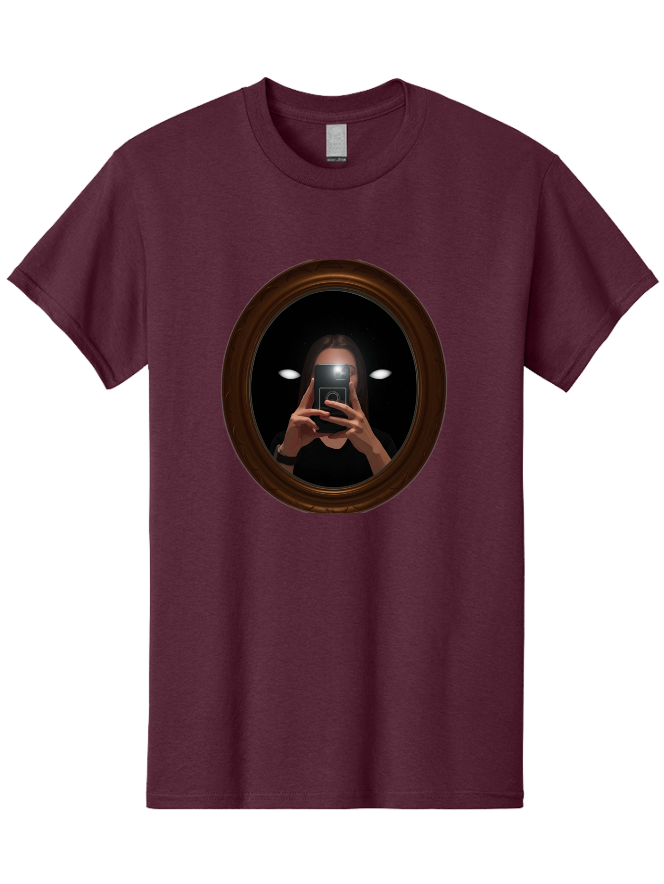 Woman-Taking-Selfie-In-Oval-Mirror Men'S Graphic Tee, 100% Cotton, Comfortable Casual Summer Wear, Machine Washable, Vintage Camera, Old Camera, Antique Camera, Black Camera, Classic Photography, Photography Equipment, Nostalgic Device, Bap015 4
