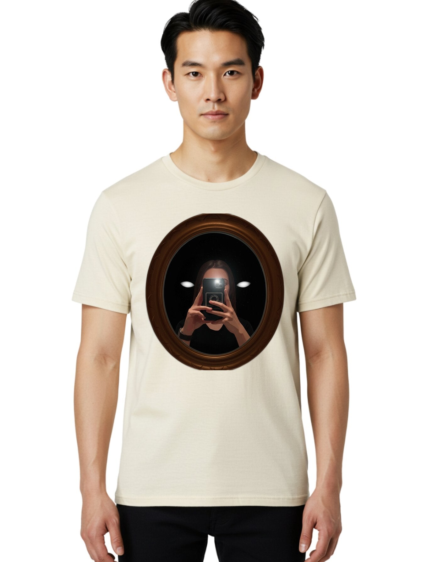Woman-Taking-Selfie-In-Oval-Mirror Men'S Graphic Tee, 100% Cotton, Comfortable Casual Summer Wear, Machine Washable, Vintage Camera, Old Camera, Antique Camera, Black Camera, Classic Photography, Photography Equipment, Nostalgic Device, Bap015 18