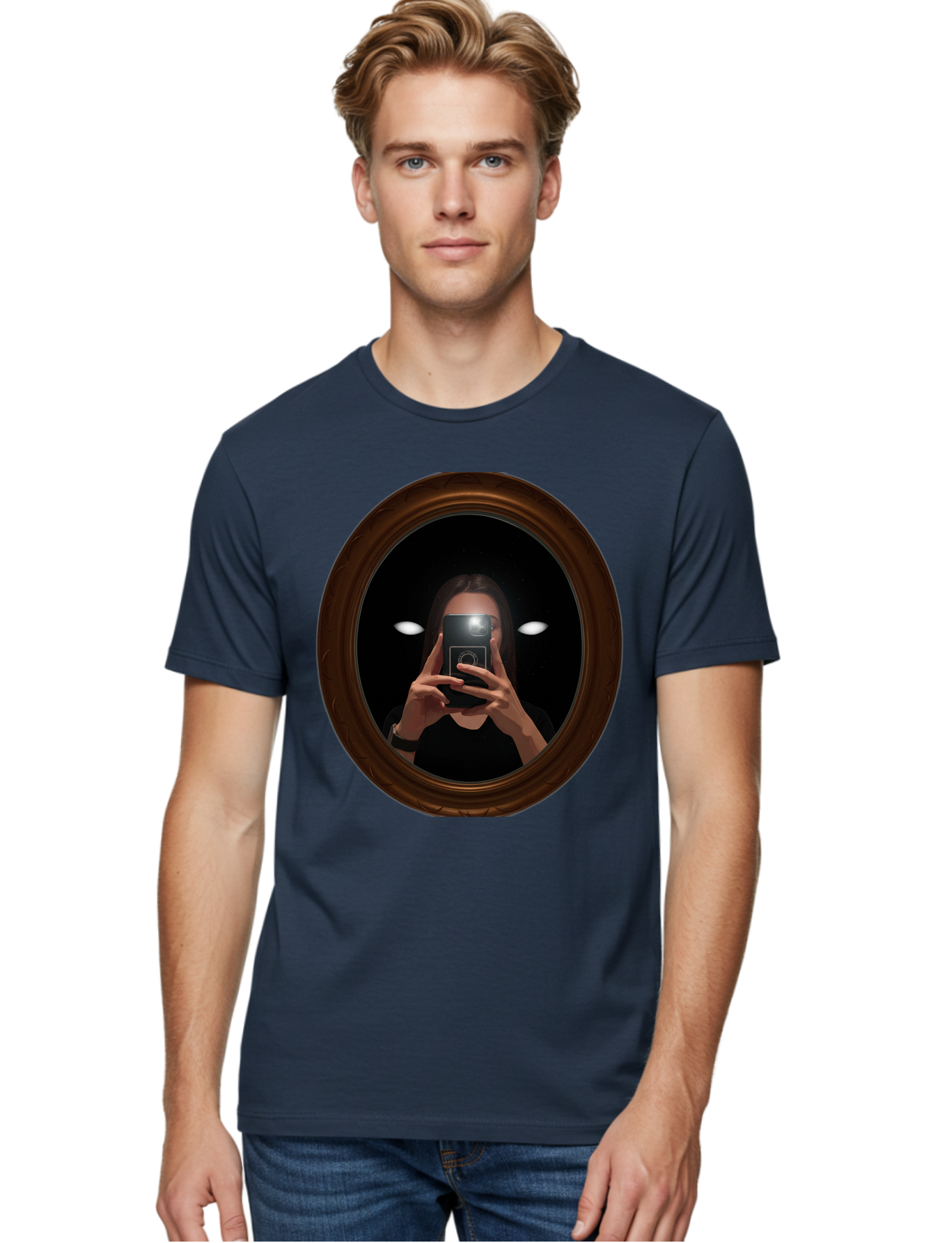 Woman-Taking-Selfie-In-Oval-Mirror Men'S Graphic Tee, 100% Cotton, Comfortable Casual Summer Wear, Machine Washable, Vintage Camera, Old Camera, Antique Camera, Black Camera, Classic Photography, Photography Equipment, Nostalgic Device, Bap015 22